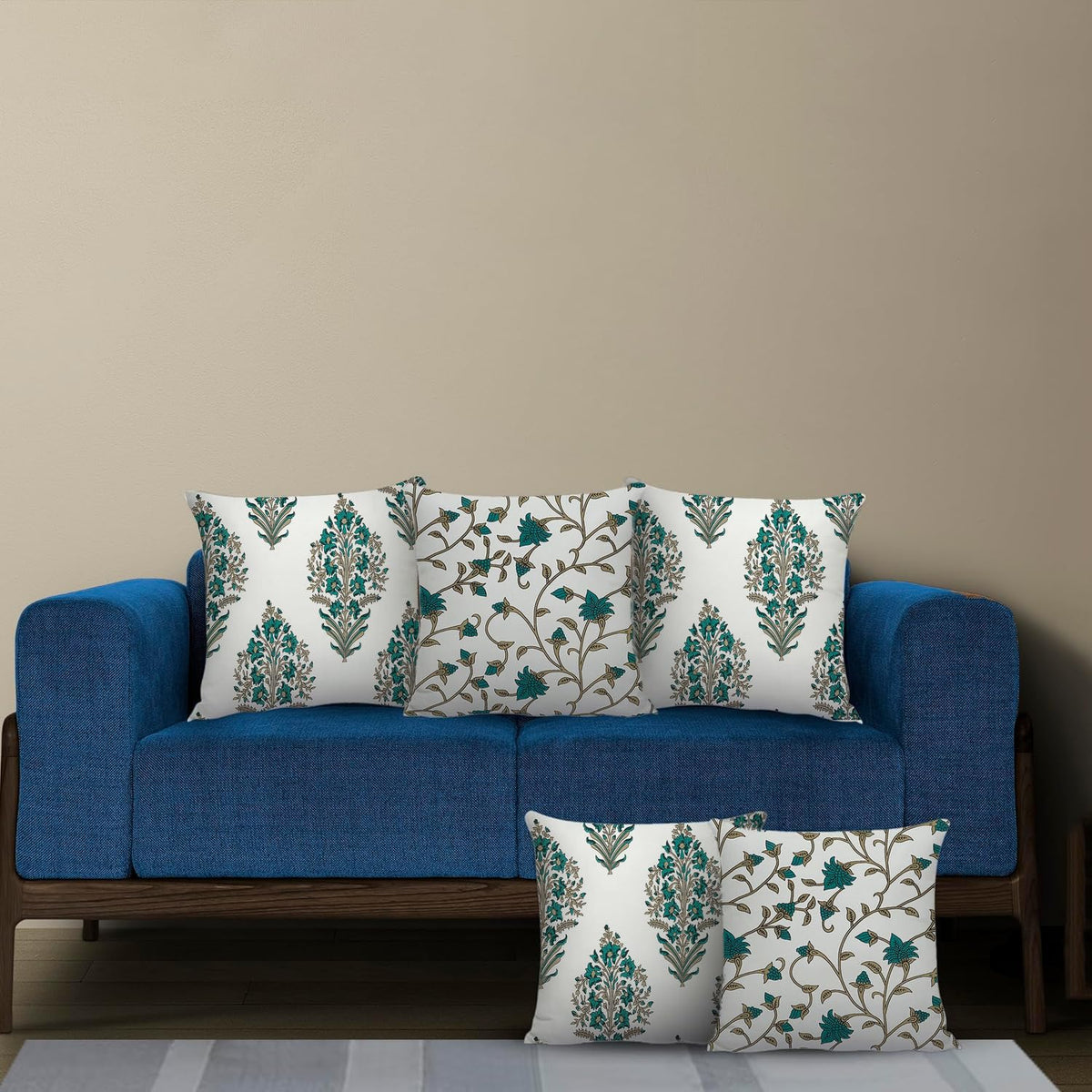Trance Home Linen Set of 5 Premium 100% Cotton 12x12 inch Cushion Covers for Sofa and Diwan | Small Cushion Covers – (12x12 inch | 30cmx30cm, Madhuban & Jaal Green) – Set of 5