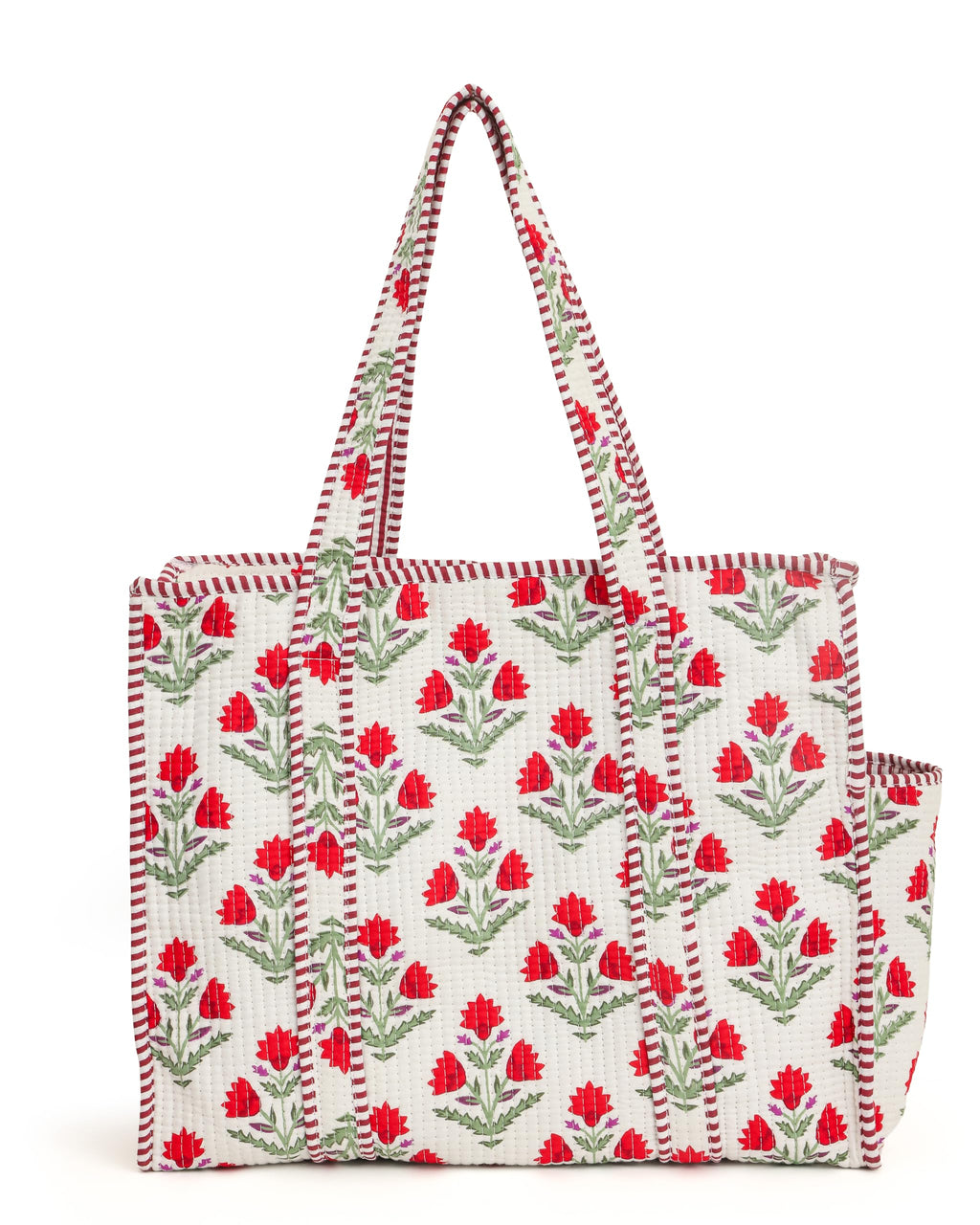 NIKAVIK Quilted Cotton Jaipuri Tote bag (with seperate Bottle Pocket & Zip) – Exotic Animal Print Foldable and Ideal for Travel Shopping Beach Trips or Daily Essentials (White Red)