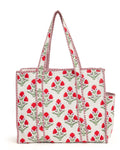 NIKAVIK Quilted Cotton Jaipuri Tote bag (with seperate Bottle Pocket & Zip) – Exotic Animal Print Foldable and Ideal for Travel Shopping Beach Trips or Daily Essentials (White Red)