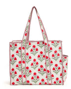 NIKAVIK Quilted Cotton Jaipuri Tote bag (with seperate Bottle Pocket & Zip) – Exotic Animal Print Foldable and Ideal for Travel Shopping Beach Trips or Daily Essentials (White Red)