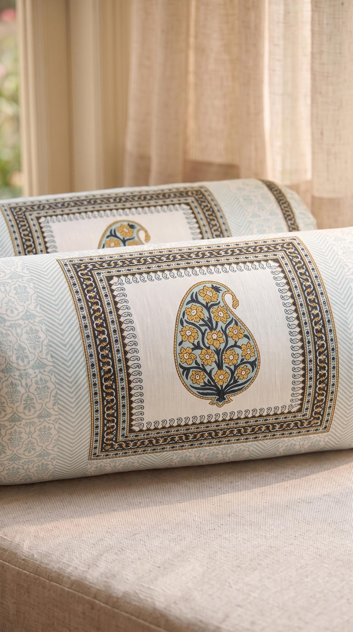 BLOCKS OF INDIA Cotton Hand Block Printed Bolster Cover | Booster Cover with Drawstring | Round Long Pillow Cover for Bed | Dewan Pillow Cover Set 16 X 32 | Set of 2 (Color 45)