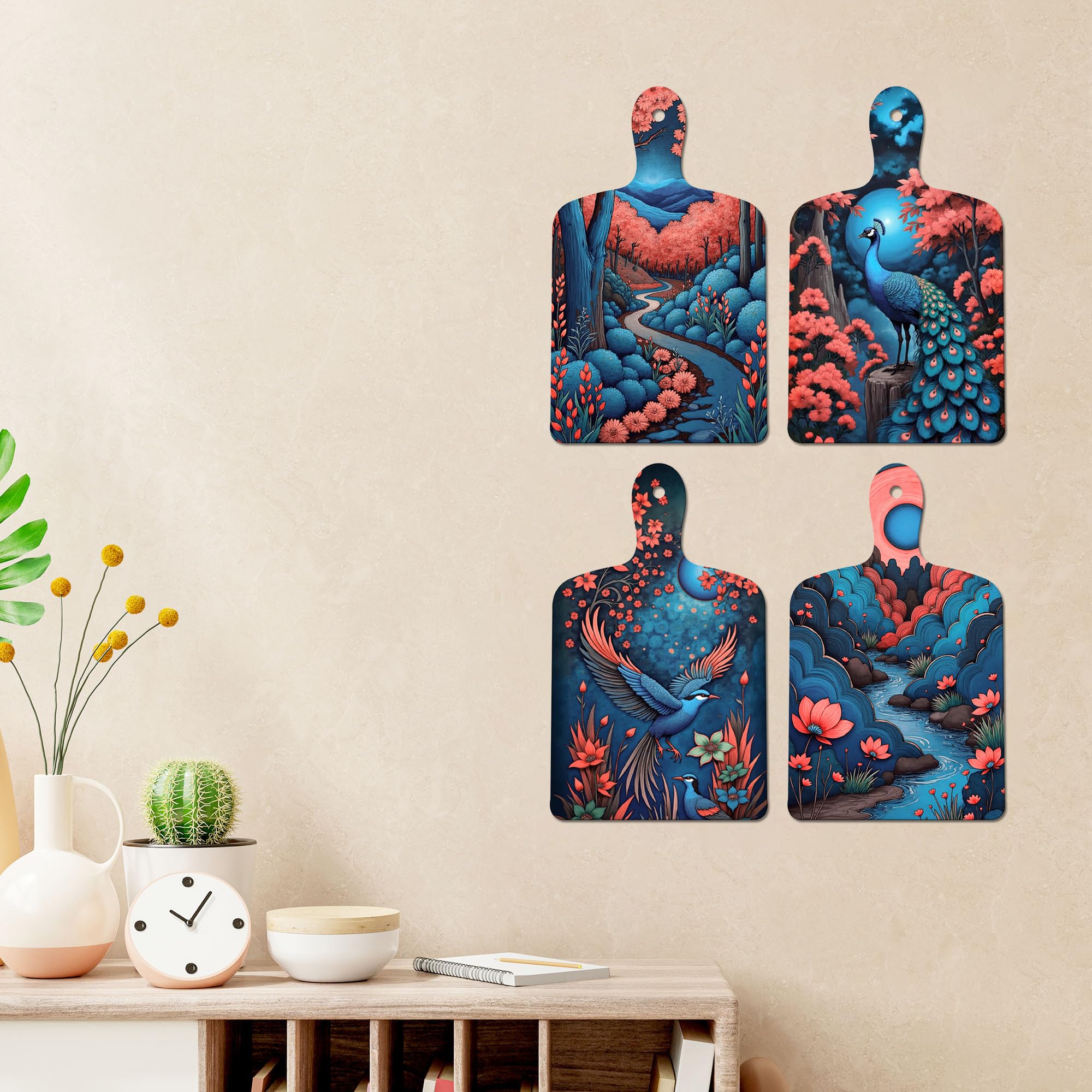 Artvibes Colorful Peacock & Bird Art Wooden Art Decoration Item for Home | Living Room | Office | Cafe | Painting Wall Decor | Wall Poster | Door Hanging Art Items | Unique Gift (WH_5650N), Set of 4