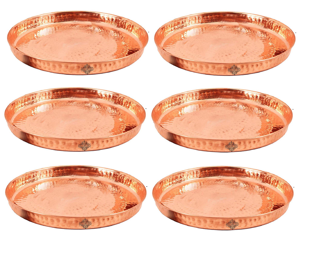 INDIAN ART VILLA Set of 6 Hammered Copper Thali Plate, Serveware & Dinnerware Home Restaurant, Diameter:- 13 Inch