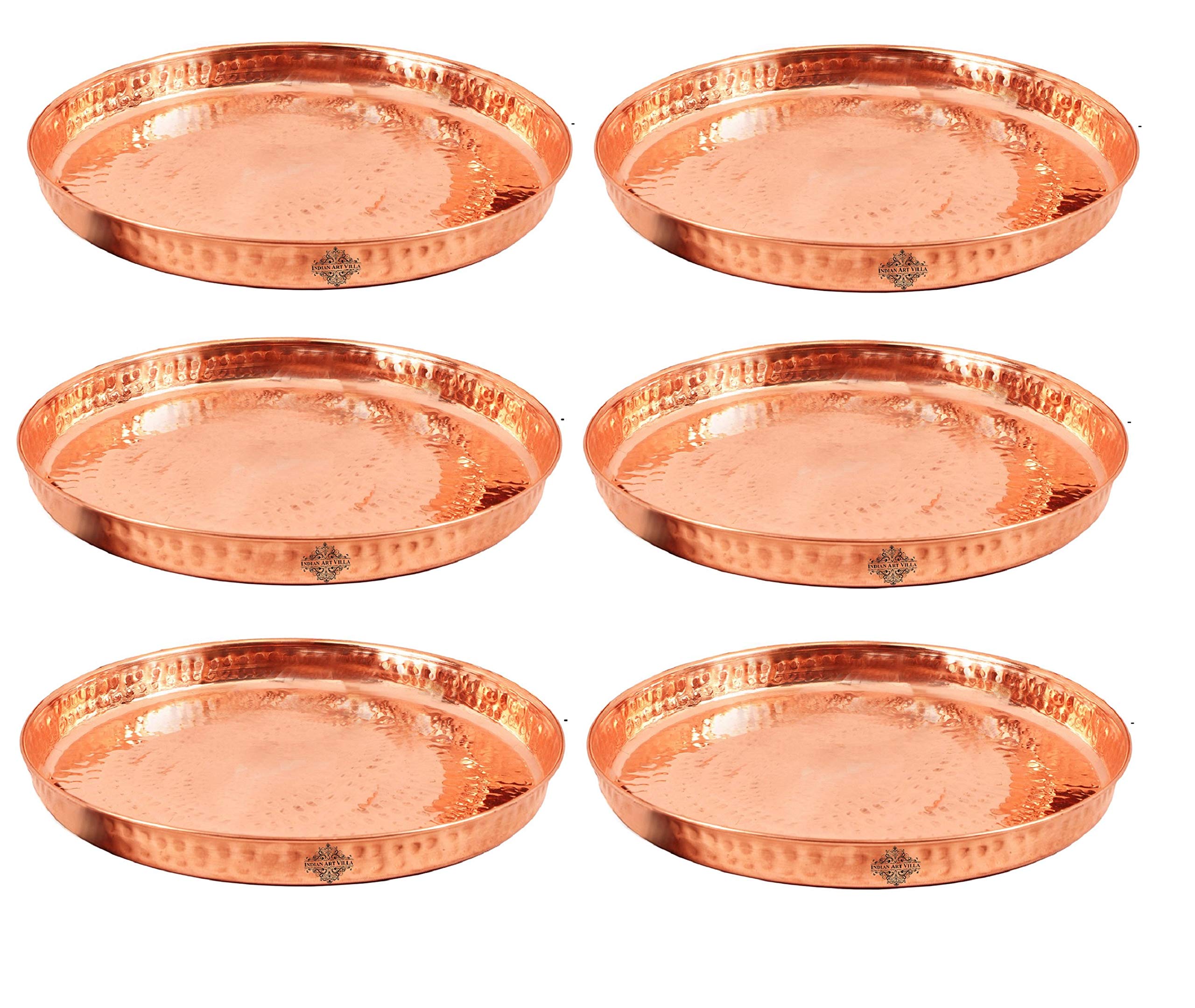 INDIAN ART VILLA Set of 6 Hammered Copper Thali Plate, Serveware & Dinnerware Home Restaurant, Diameter:- 13 Inch