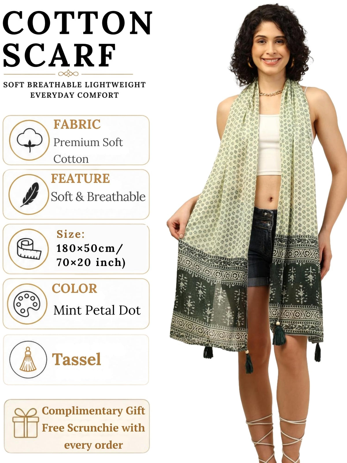 KE KANHA EXPORTS Scarf for Women Premium Cotton Boho | Dual Tone Border Print Stole with Tassels | Lightweight Summer Beach Wrap 180 x 50 cm (Mint Petal Dot)