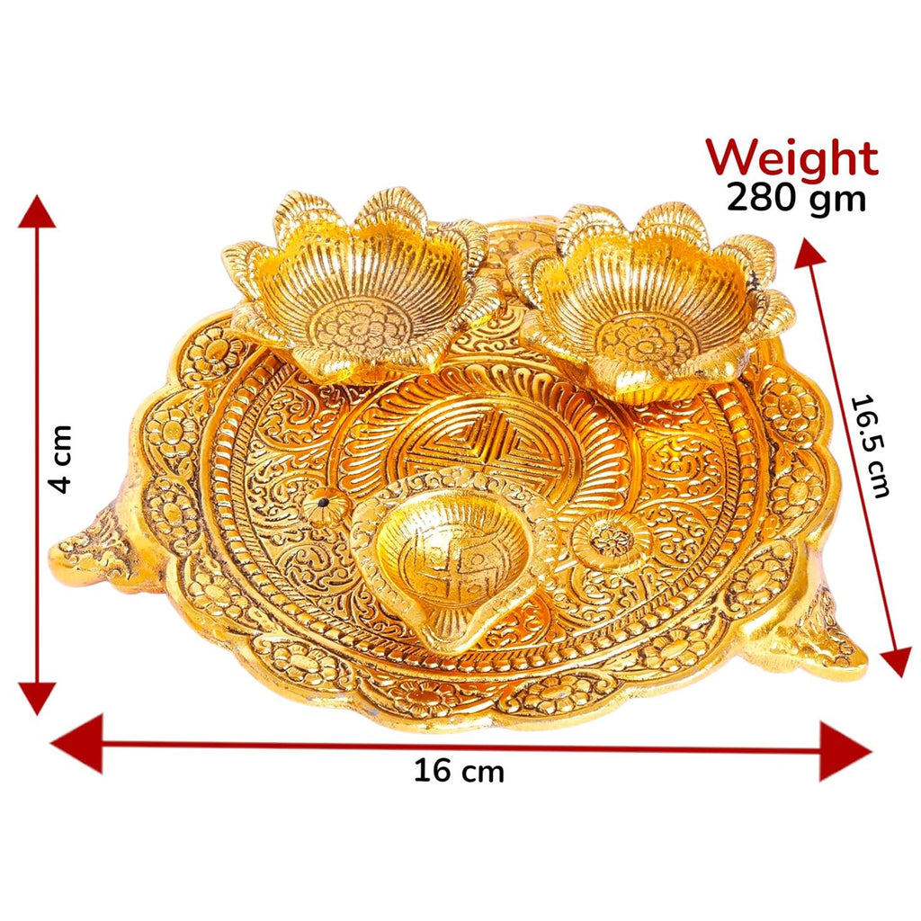 KridayKraft Metal Pooja Thali with Diya for Pooja Home/Temple/Mandir,Decorative Showpiece Pooja Thali Set for Diwali Poojan Wedding Gift Article, Gold