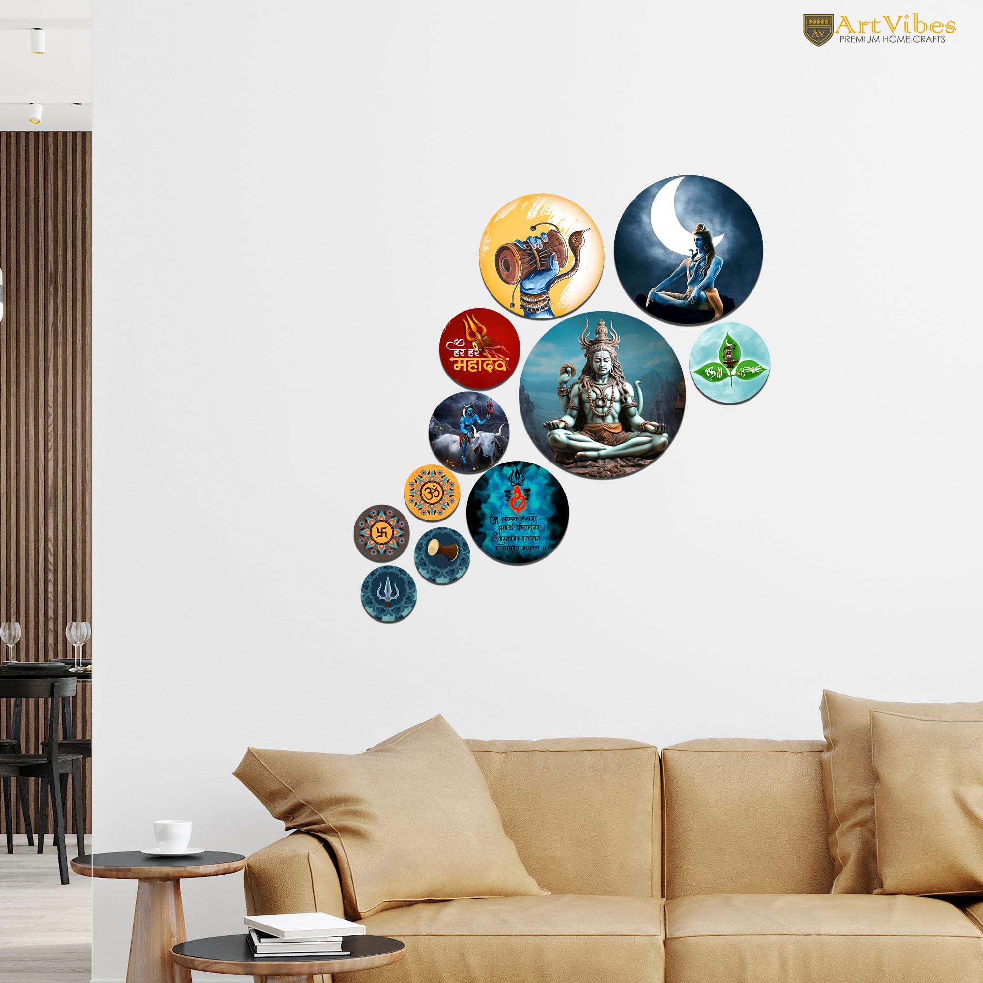 Artvibes Lord Mahadev Trishool & Damru Round Shape MDF Wooden Wall Decor Items | Spiritual Decor Items | Lord Shiva Painting | Wall Poster| Stylish Modern Decor Item | Gift Items (WPS_144N), Set of 11