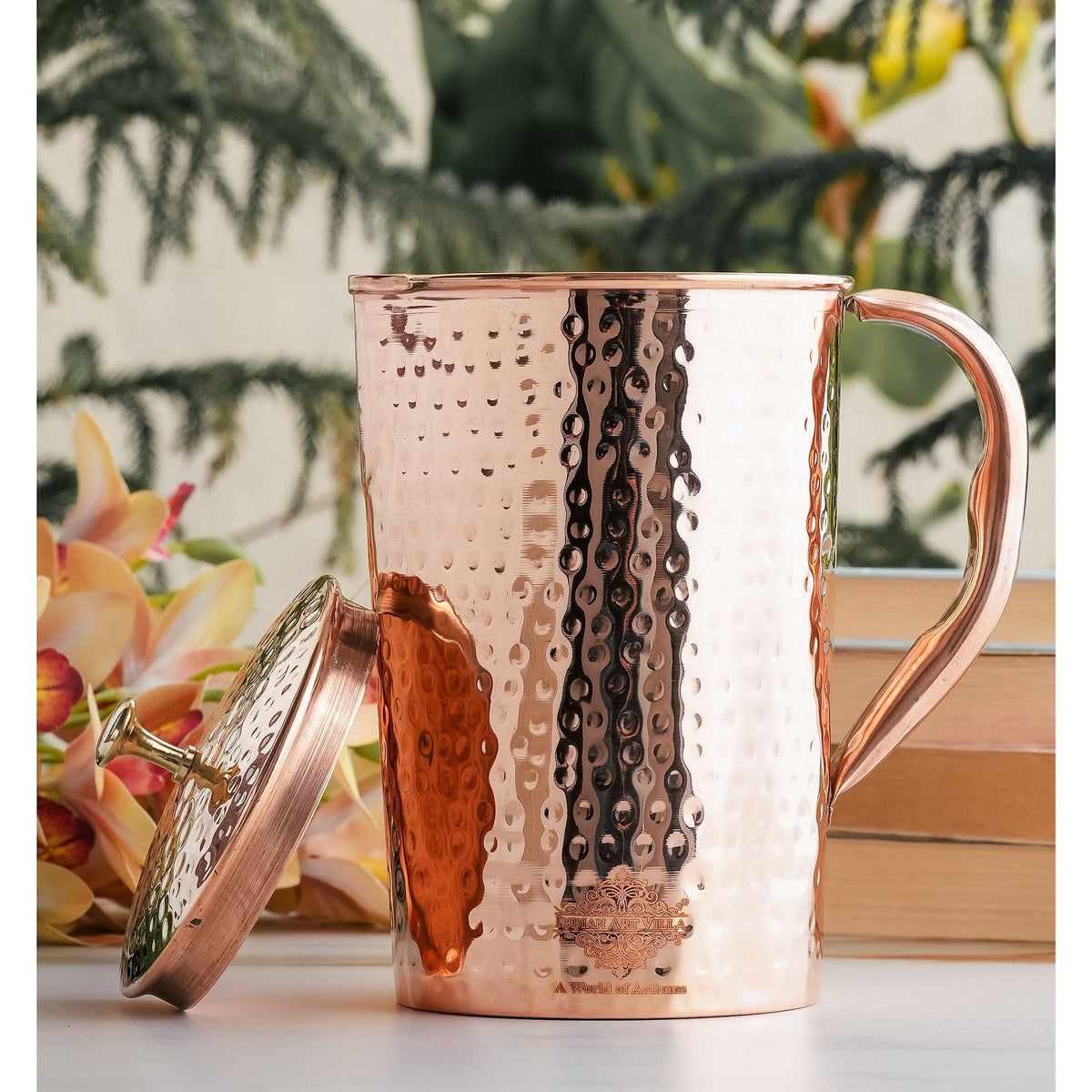 Indian Art Villa Pure Copper Carafes with Lid, 2000 ML, Hammered Design, Traditional Ayurvedic Benefits, Durable & Stylish Serveware for Home, Kitchen, and Restaurants