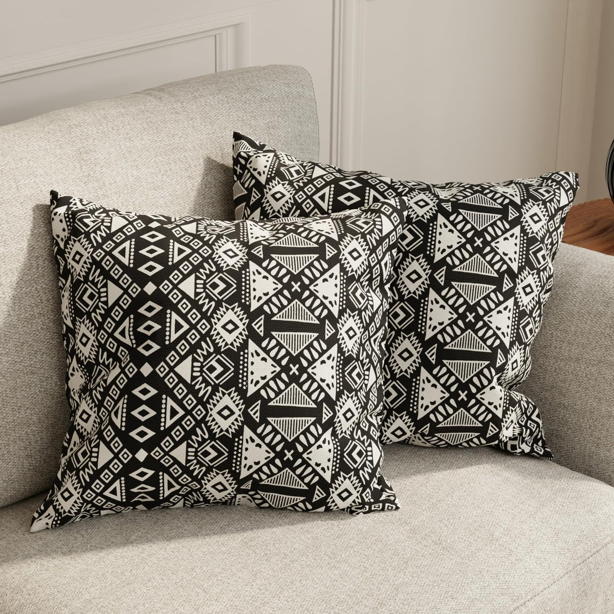 HUESLAND Premium Cotton Cushion Cover 16 x 16 inch Set of 2 | Decorative Throw Pillow Covers for Sofa, Living Room & Bedroom | Geometric Black