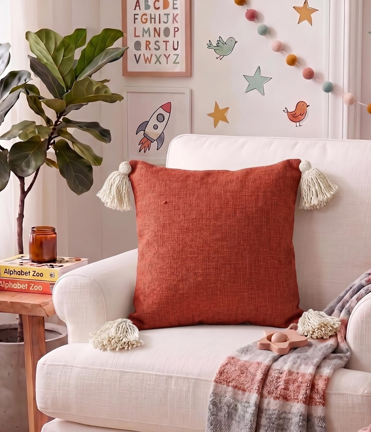 Furnistitchs Solid Boho Cushion Cover 16x16 Inches, Premium Natural Slub Fabric Throw Pillow Case with Tassels for Sofa, Couch, Living Room & Bedroom 40x40 cms, 5 pc - Terracotta