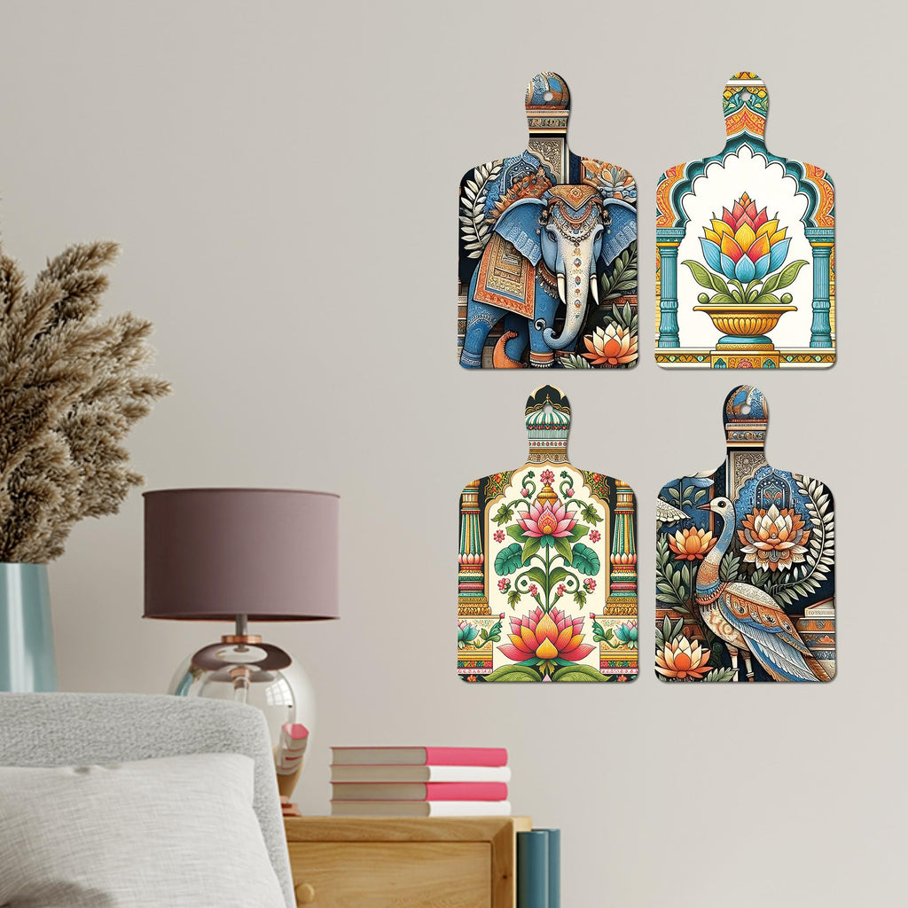 Artvibes Artistic Elephant & Peacock Floral Indian Modern Art Wooden Art Decoration Item for Living Room | Home Decor | Wall Accent | Aesthetic Wooden Decor | Ideal Gifts (WH_5635N), Set of 4
