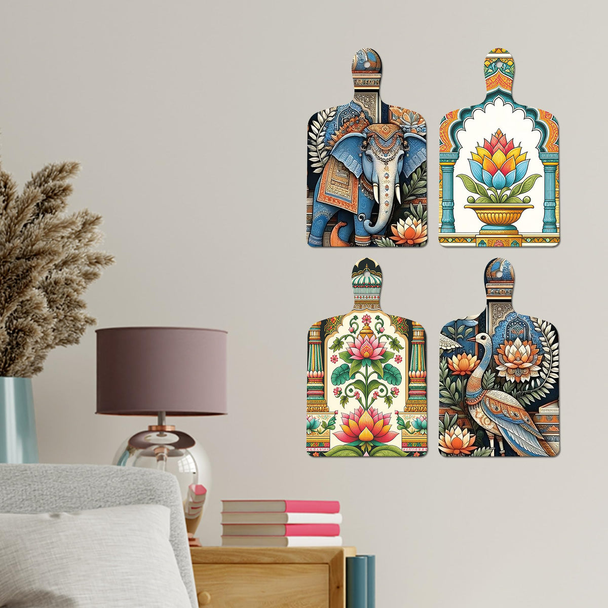 Artvibes Artistic Elephant & Peacock Floral Indian Modern Art Wooden Art Decoration Item for Living Room | Home Decor | Wall Accent | Aesthetic Wooden Decor | Ideal Gifts (WH_5635N), Set of 4
