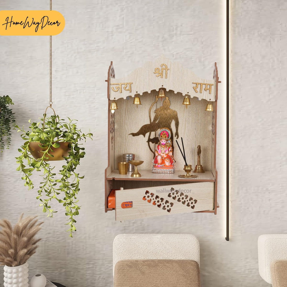 HOMEWEY DECOR Wooden Home Temple Handcrafted Support Heavy Idols Luxurious Finish Pooja Mandir for Home and Office Wall Mount for Pooja Room (TEMPLE0305W -01DM-35)
