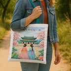 The Purple Tree WanderTote Travel Theme Tote Bag for Women, Aesthetic City Print Canvas Shoulder Bag, Reusable bag for Shopping & Everyday Carry Tote (SEOUL Edition)