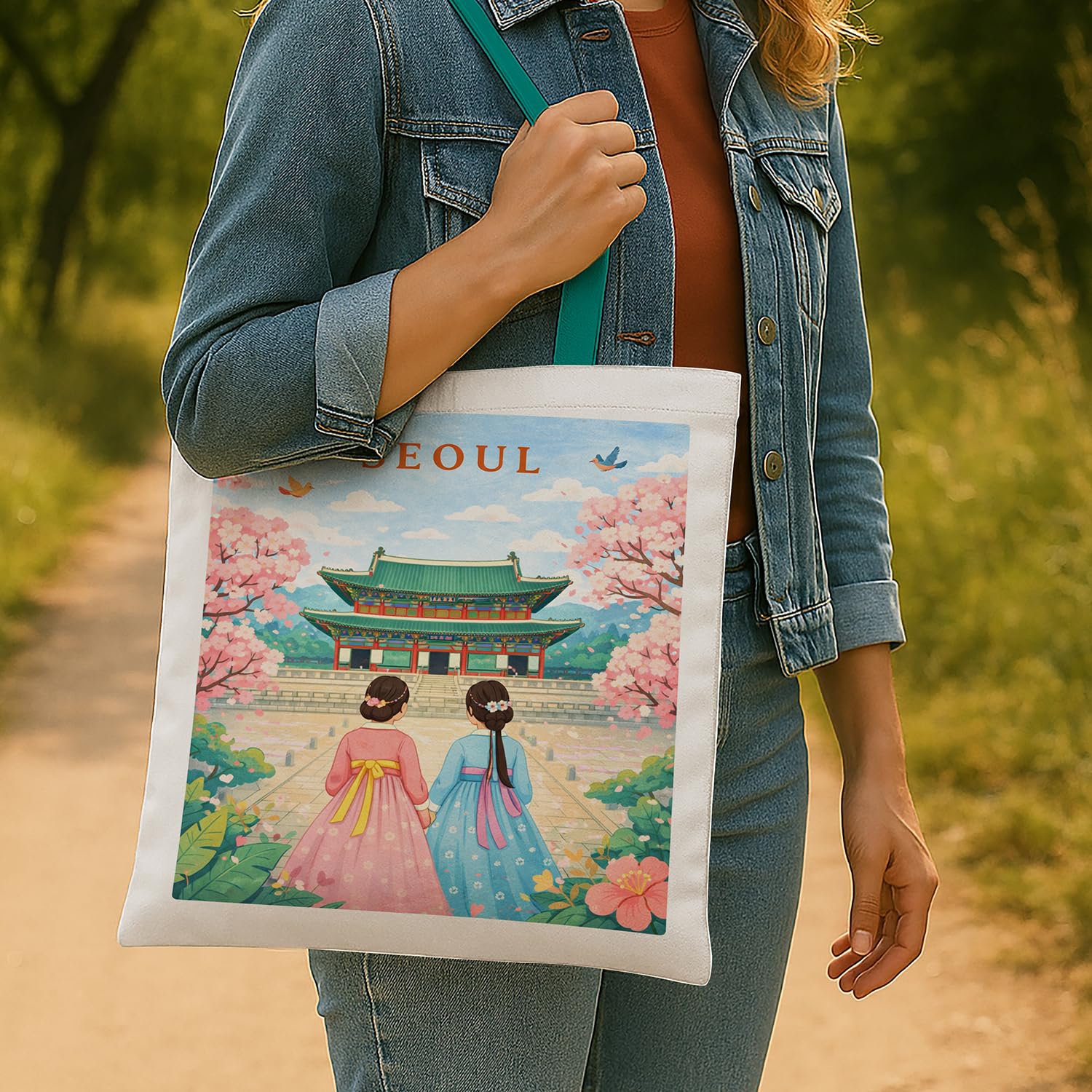 The Purple Tree WanderTote Travel Theme Tote Bag for Women, Aesthetic City Print Canvas Shoulder Bag, Reusable bag for Shopping & Everyday Carry Tote (SEOUL Edition)