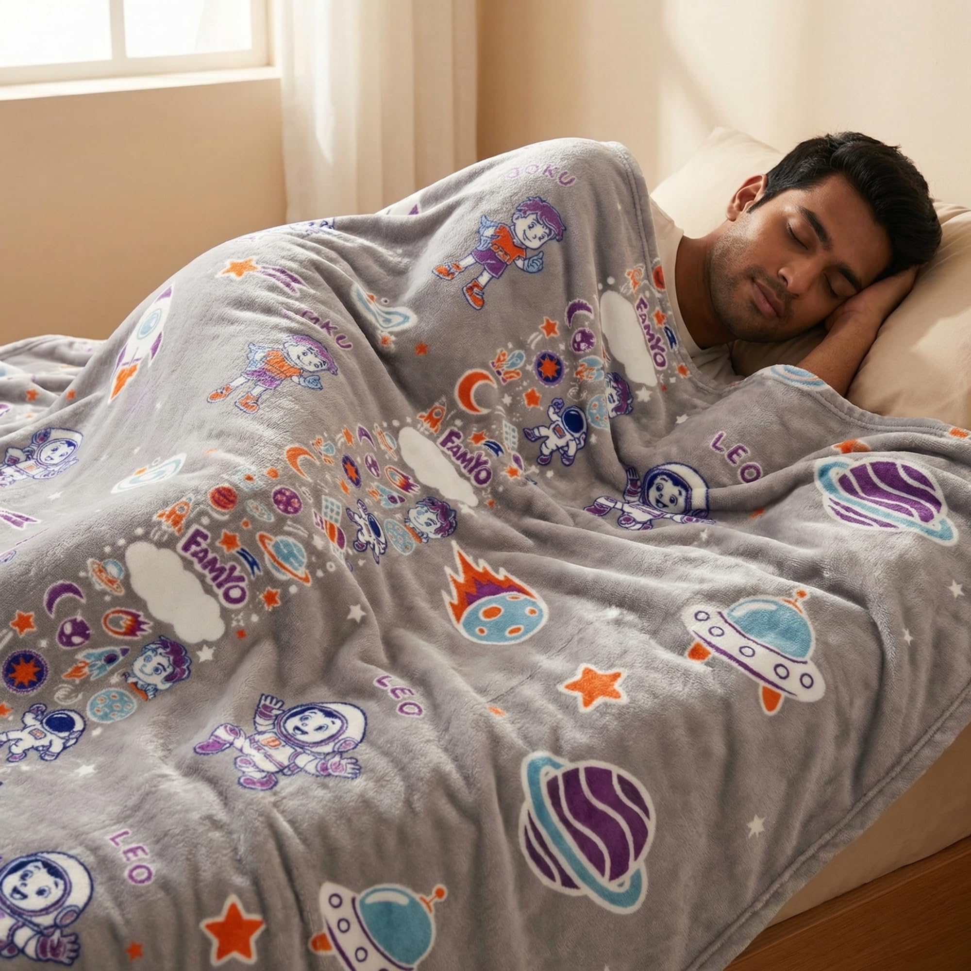 Famyo® GlowMaxx AC Blanket for Adults, Glow in the Dark Soft Flannel Blanket | 200×152 cm Double Bed Size | Lightweight Summer Blanket for AC Rooms, Lab-Tested & Skin-Friendly (Grey Leo) Kafalo