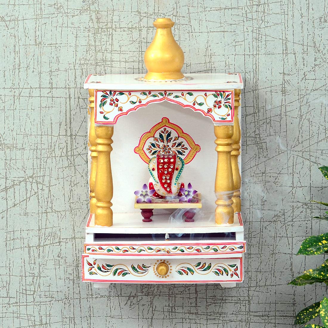 CRAFT TREE Wooden Handpainted Decorative Wall Hanging Single Gumbad Home Temple in White Color