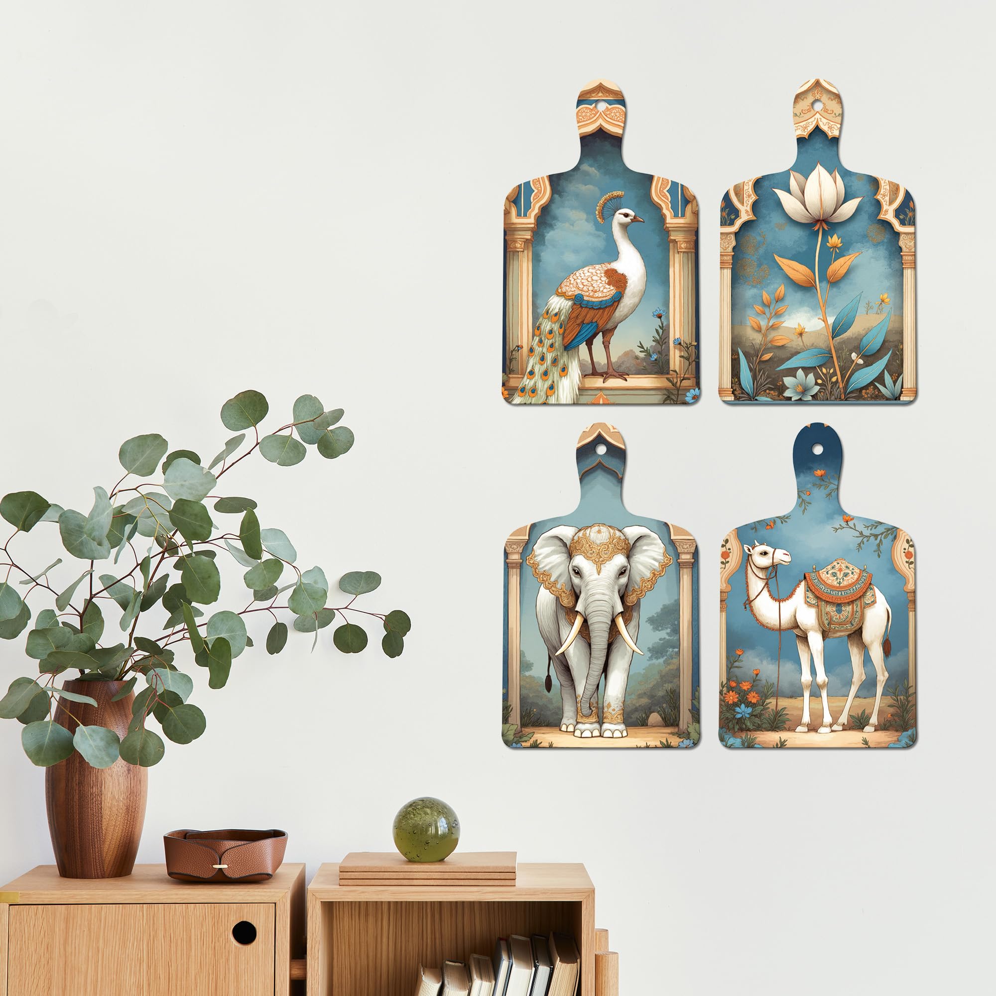 Artvibes Peacock Elephant Camel Pichwai Art Decorative MDF Wooden Wall Art for Home | Printed Wall Decoration | Graphic Artwork | Aesthetic Wooden Decor | Sceneries | Ideal Gifts (WH_5652N), Set of 4