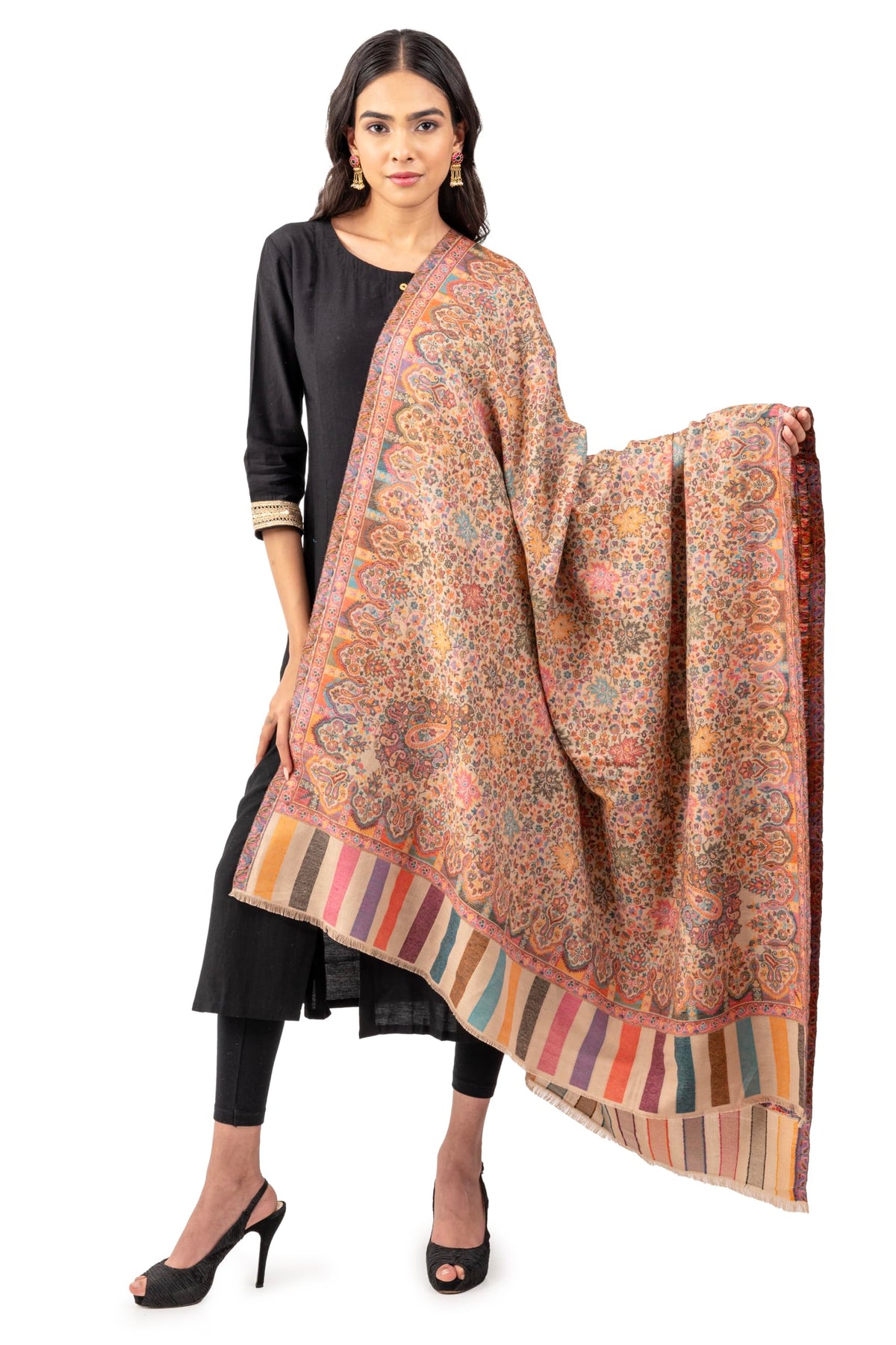 Naureen Women Pashmina Blend Kani Shawl with Floral Artwork, Warm and Soft, 40x80 inch