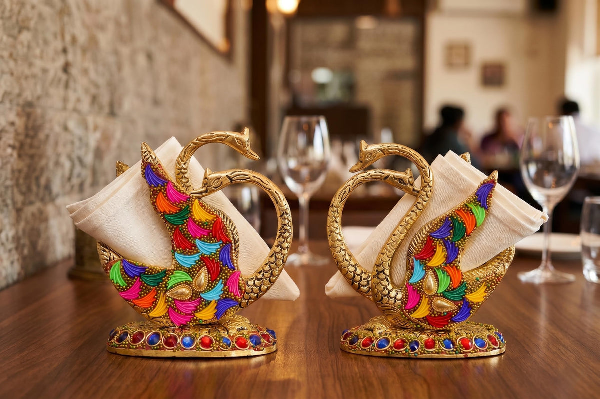 Kridaykraft Luxury Aluminium Metal Swan Tissue Holder Stand Pair | Decorative Meenakari Stone Work Napkin Organizer for Kitchen, Dining Room, and Gifting | Royal Golden Finish (Pack of 2)