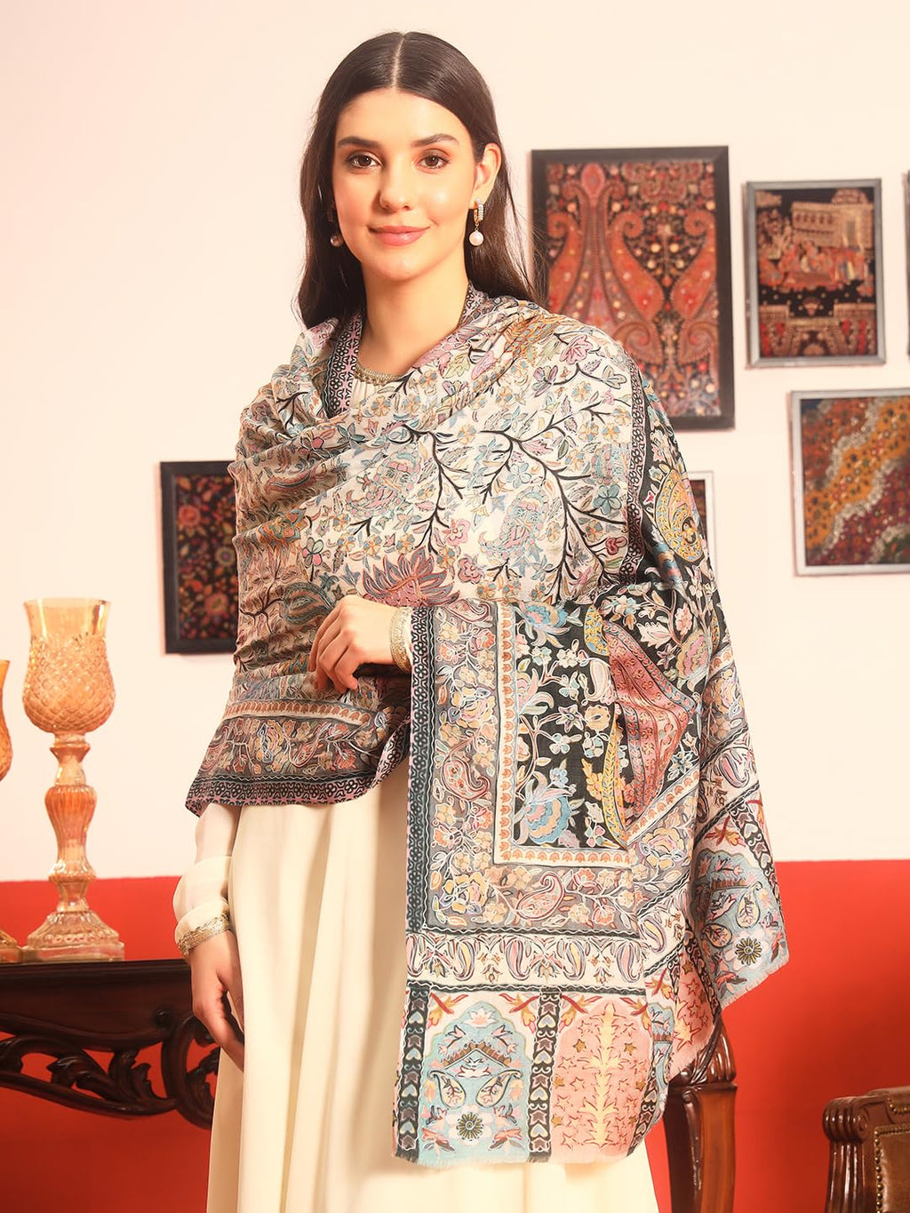 Pashmoda Women Guldasta Fine Wool Fabric Pashmina Kalamkari Embroidered Shawl (Size: 40x80in, 101x203cm) KAS13