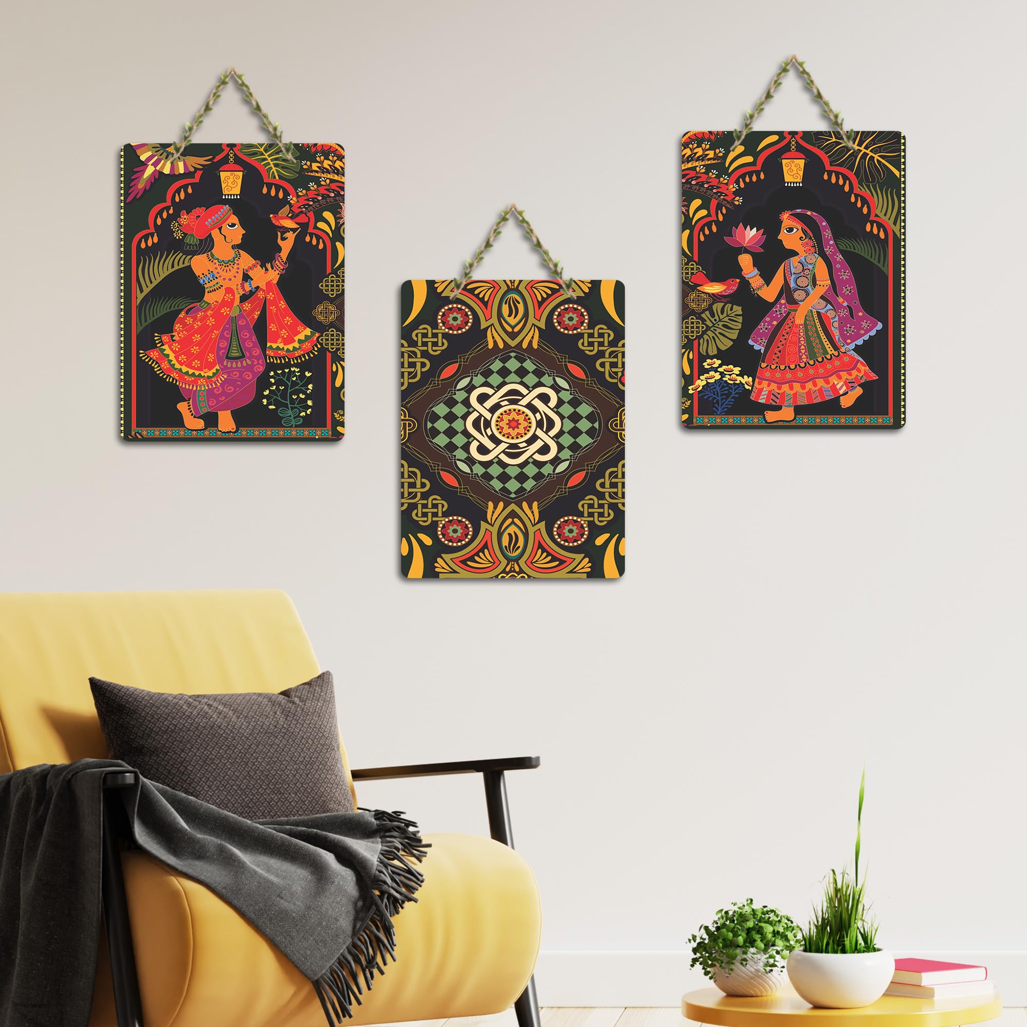 Artvibes Ancient Lovers Madhubani Art Wooden Wall Hanger for Home Decor | Living Room | Office | Cafe | Painting Wall Decor | Wall Poster | Artworks Hangings | Unique Gift (WH_96181N), Set of 3