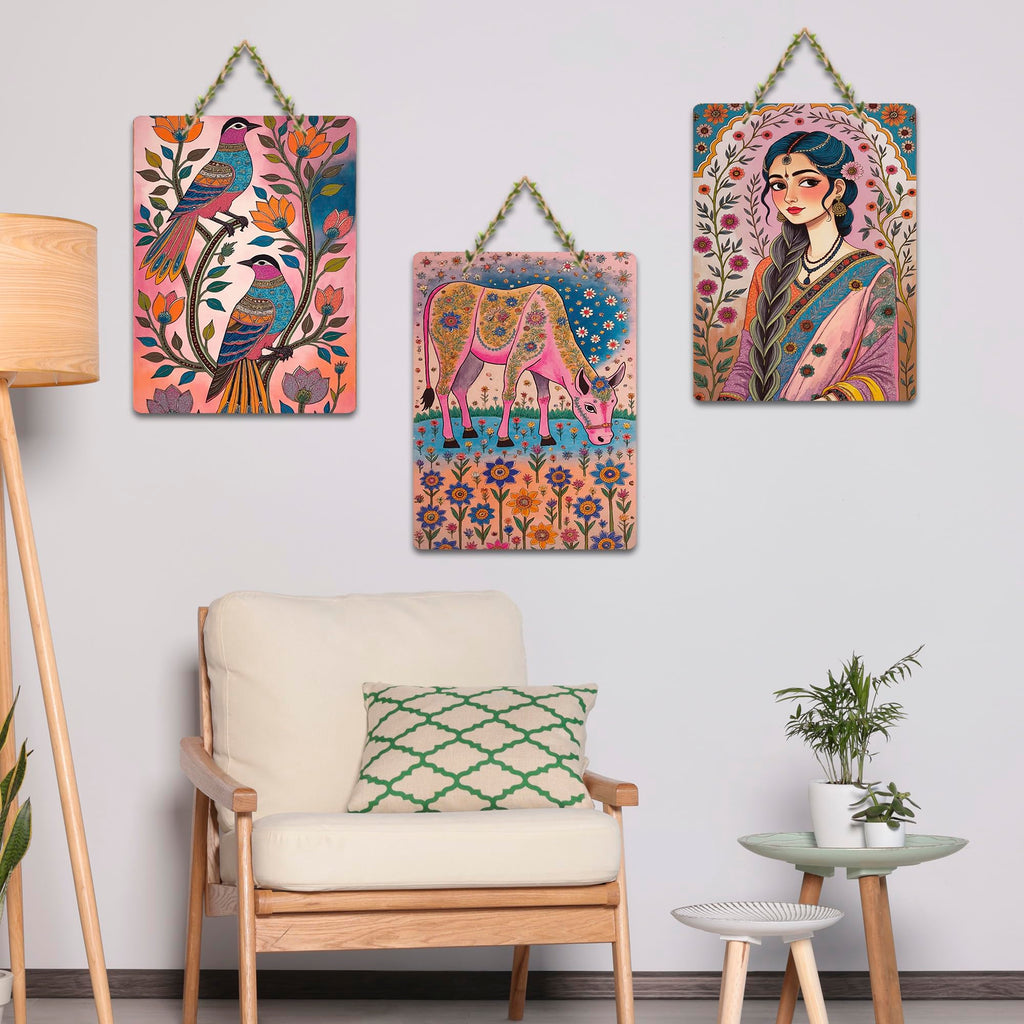 Artvibes Beautiful Women Sacred Cow & Floral Birds Wooden Art Decoration Item for Home | Garden Balcony| Stylish Modern Decor | Wall Illustrations | Trendy Decor | Unique Gift (WH_9694N), Set of 3