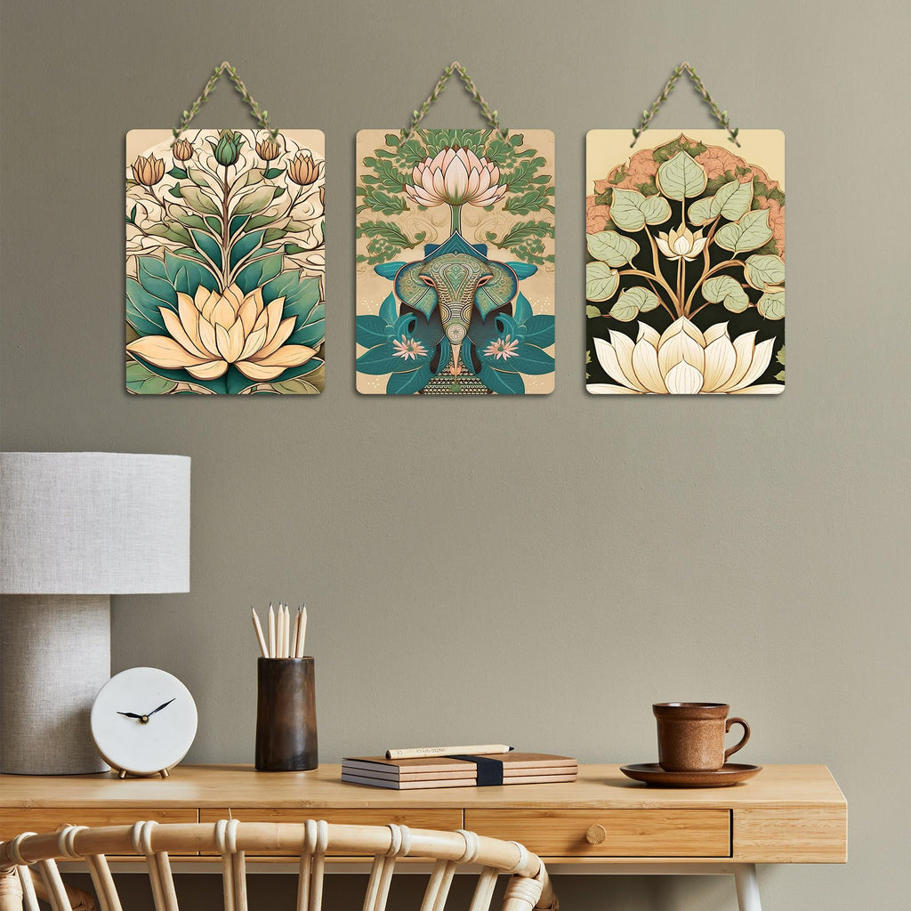 Artvibes Sacred Elephant & Artistic Lotus Modern Art Wooden Art Decoration Item for Living Room | Aesthetic Decor | Graphic Artwork | Wall Poster | Sceneries | Unique Gift Items (WH_96188N), Set of 3