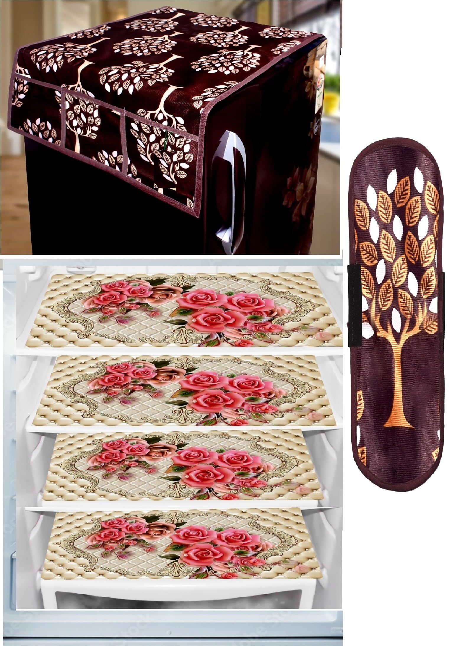 REVEXO Kitchen Combo Fridge Top Cover, 2 Piece Fridge Handle Cover, 4 Pcs Fridge Mats, (Set of 6 Piece) rev-09 Kafalo