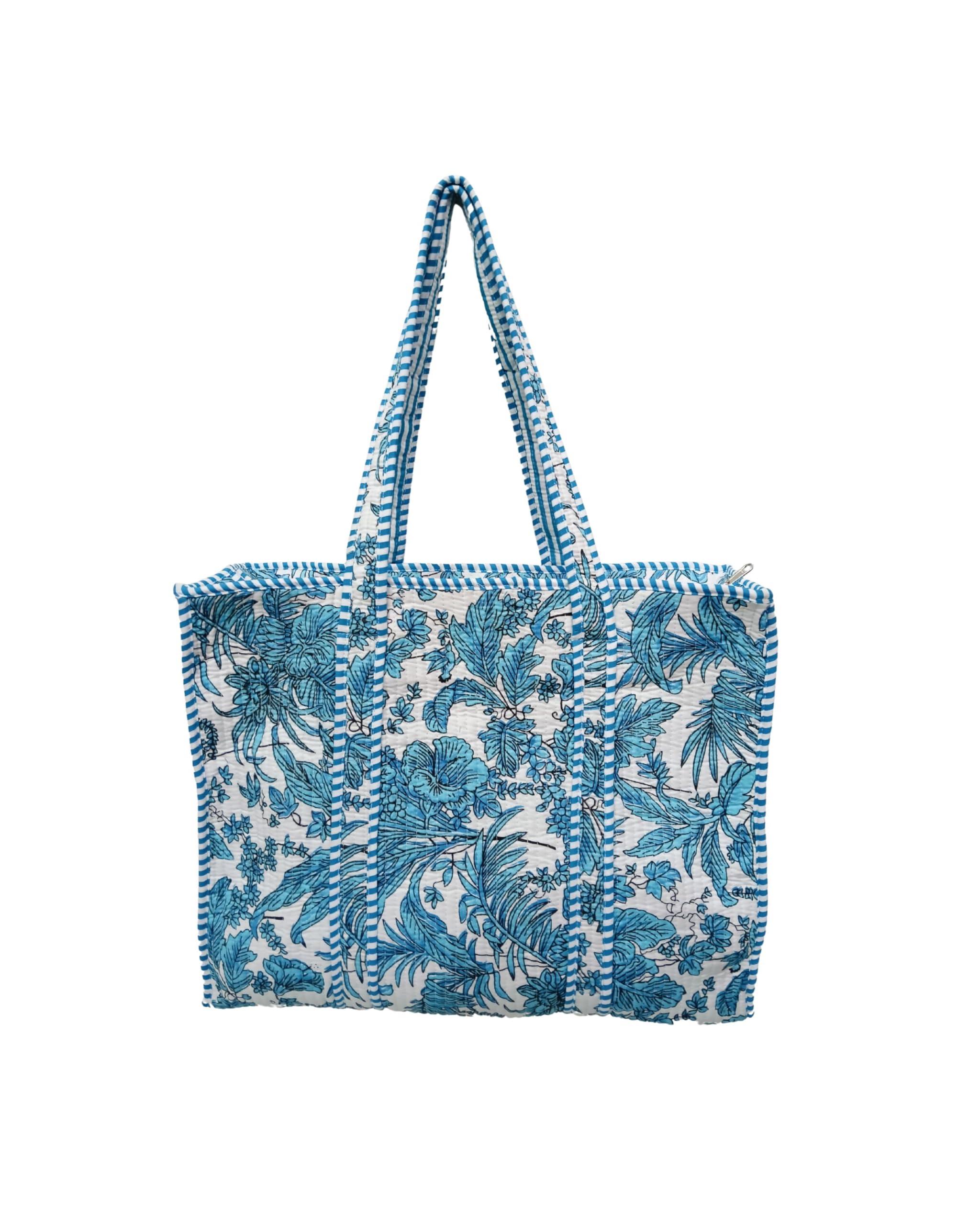 Doraya Cotton Printed Tote Bag,Hand Bag Multicolor Quilted Hand Block Floral Printed Women's Carry Bag Shoulder Shopping Tote Bags 18x5.5x16 Inch (Blue 2)