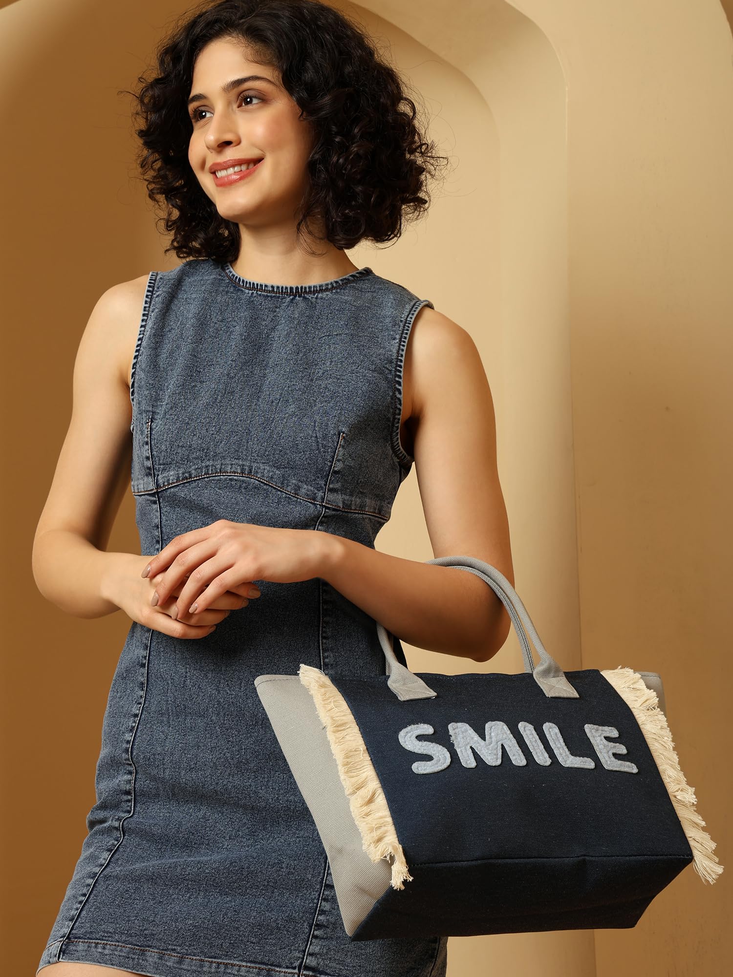 ENSAC Tote SMILE Women’s Canvas Tote Bag Navy Blue Handbag with Fringe Sides, Casual Shoulder Bag for Office, Shopping & College