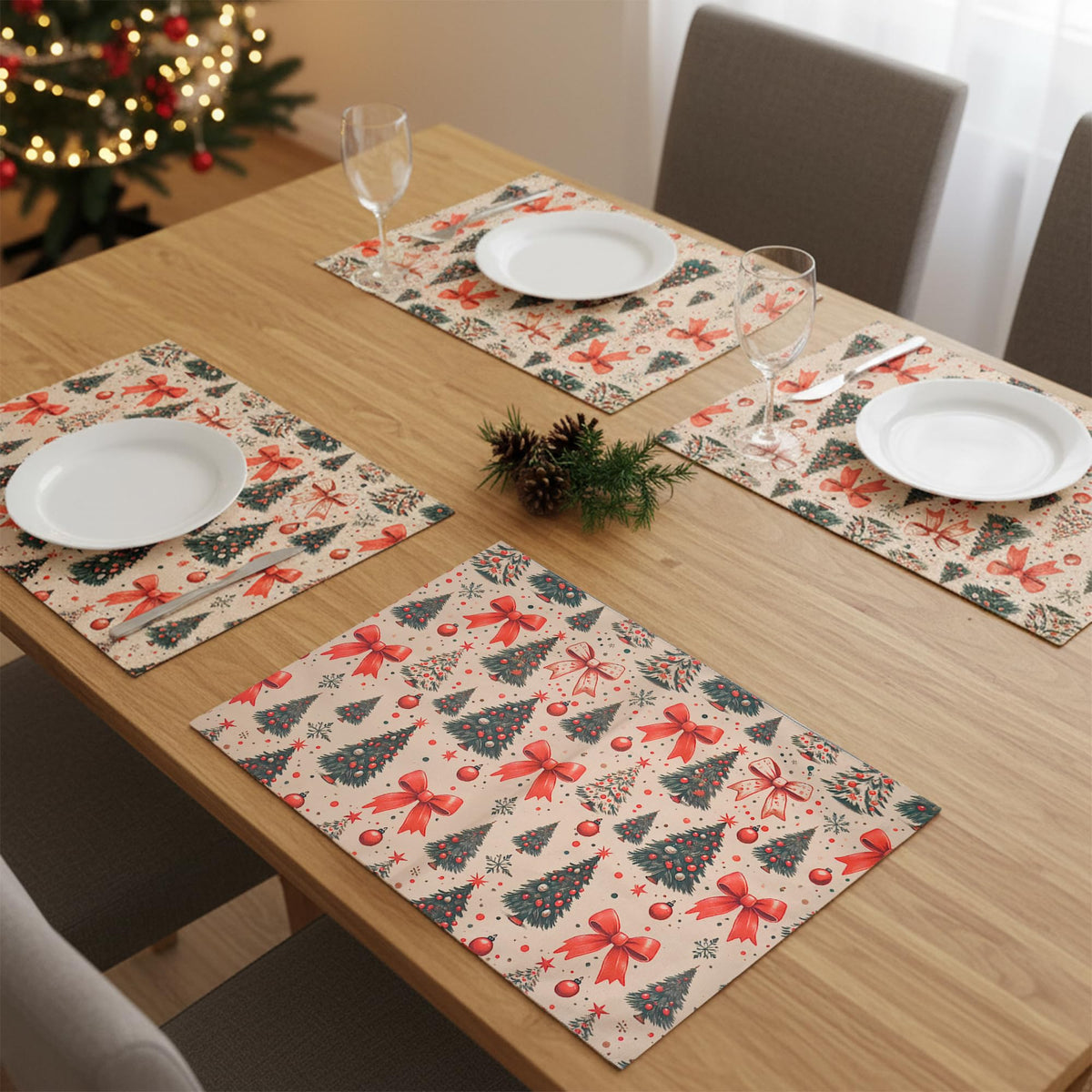 PRAKARTIK BY INDUARTS Dining Table Mats Set of 4 - Christmas Tree Red Bow Theme,Digital Print, Washable, Indoor/Outdoor, Heat-Proof, Wipe & Clean (47X33 cm) Olive & Green Kafalo