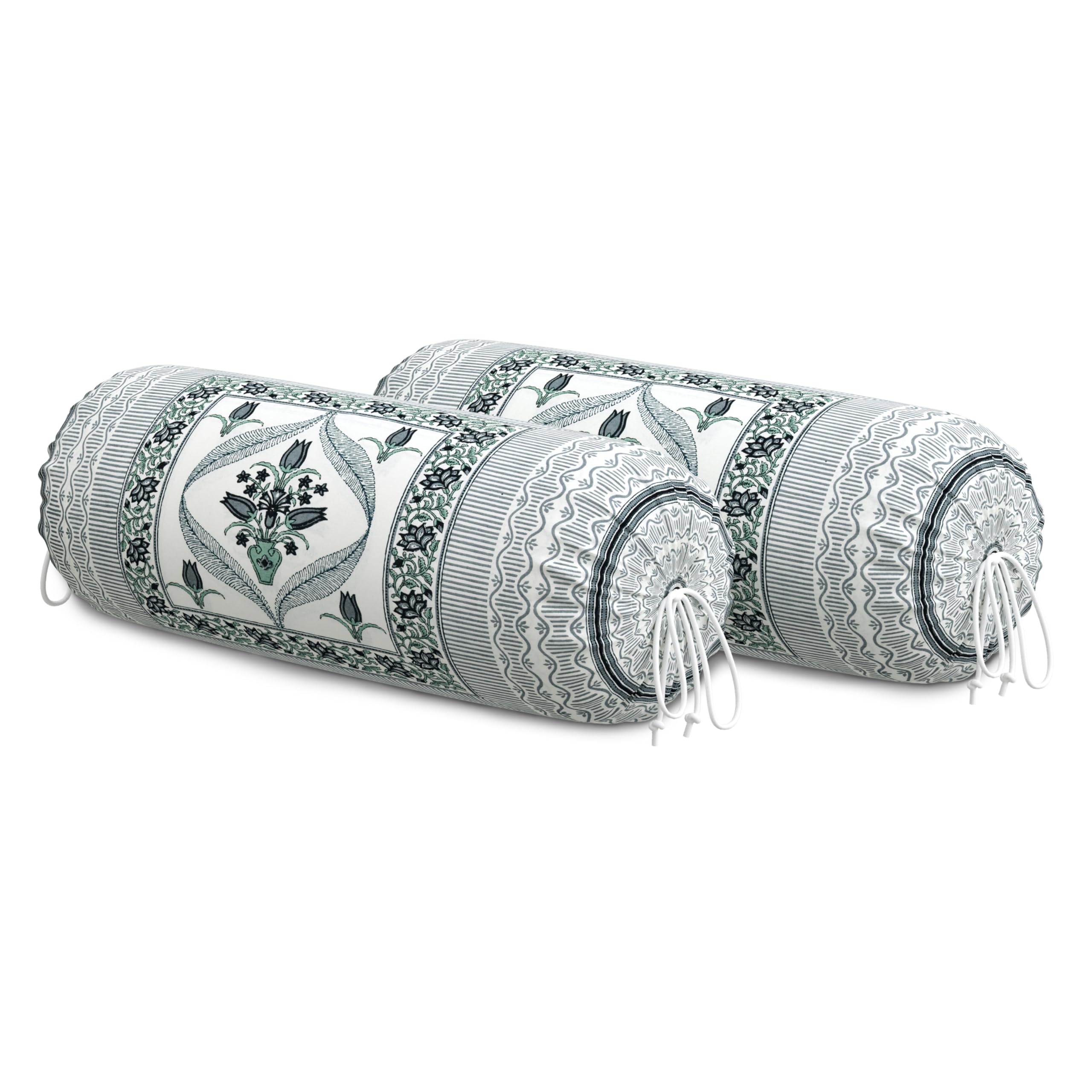 BLOCKS OF INDIA Cotton Hand Block Printed Bolster Cover | Booster Cover with Drawstring | Round Long Pillow Cover for Bed | Dewan Pillow Cover Set 16 X 32 | Set of 2 (Color 29)