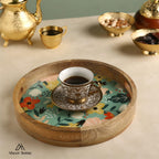 ABEER HOME Mango Wood Round Serving Tray - 12 x 12 Inches | Green Floral Design Decorative Wooden Serving Platter for Snacks, Sweets, Coffee, Tea & Home Décor | Durable Kitchen Tray for Gifting
