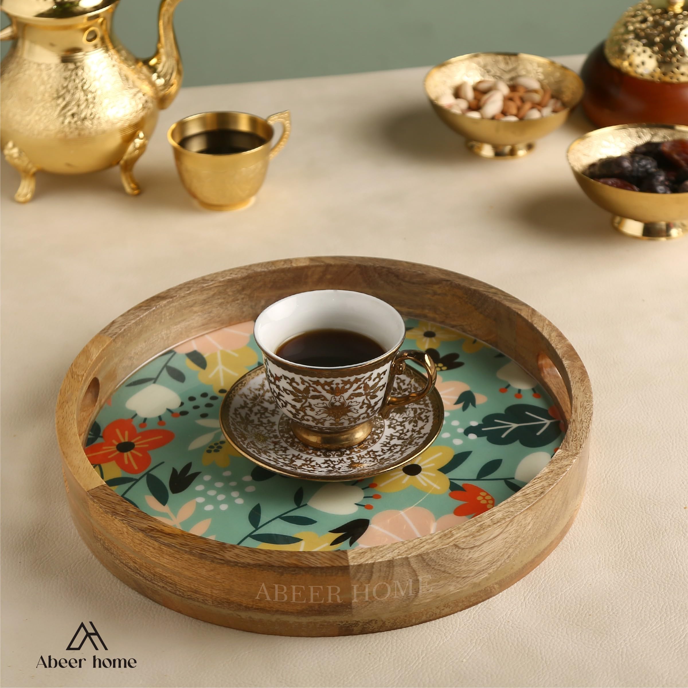 ABEER HOME Mango Wood Round Serving Tray - 12 x 12 Inches | Green Floral Design Decorative Wooden Serving Platter for Snacks, Sweets, Coffee, Tea & Home Décor | Durable Kitchen Tray for Gifting