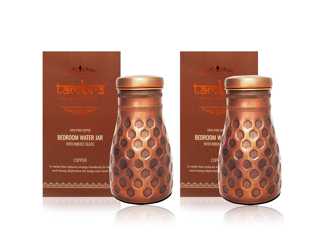 Tambra Copper Bedroom Jar with Inbuilt Glass | Rarity Diamond Design | Handcrafted, Leakproof, Jointless | Ayurvedic Benefits, Antioxidant Properties | 1200 ml (Pack of 2)