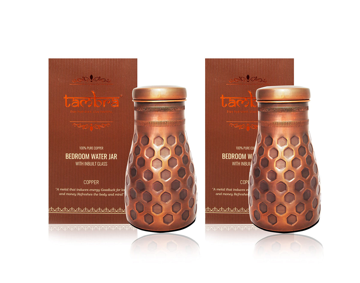 Tambra Copper Bedroom Jar with Inbuilt Glass | Rarity Diamond Design | Handcrafted, Leakproof, Jointless | Ayurvedic Benefits, Antioxidant Properties | 1200 ml (Pack of 2)