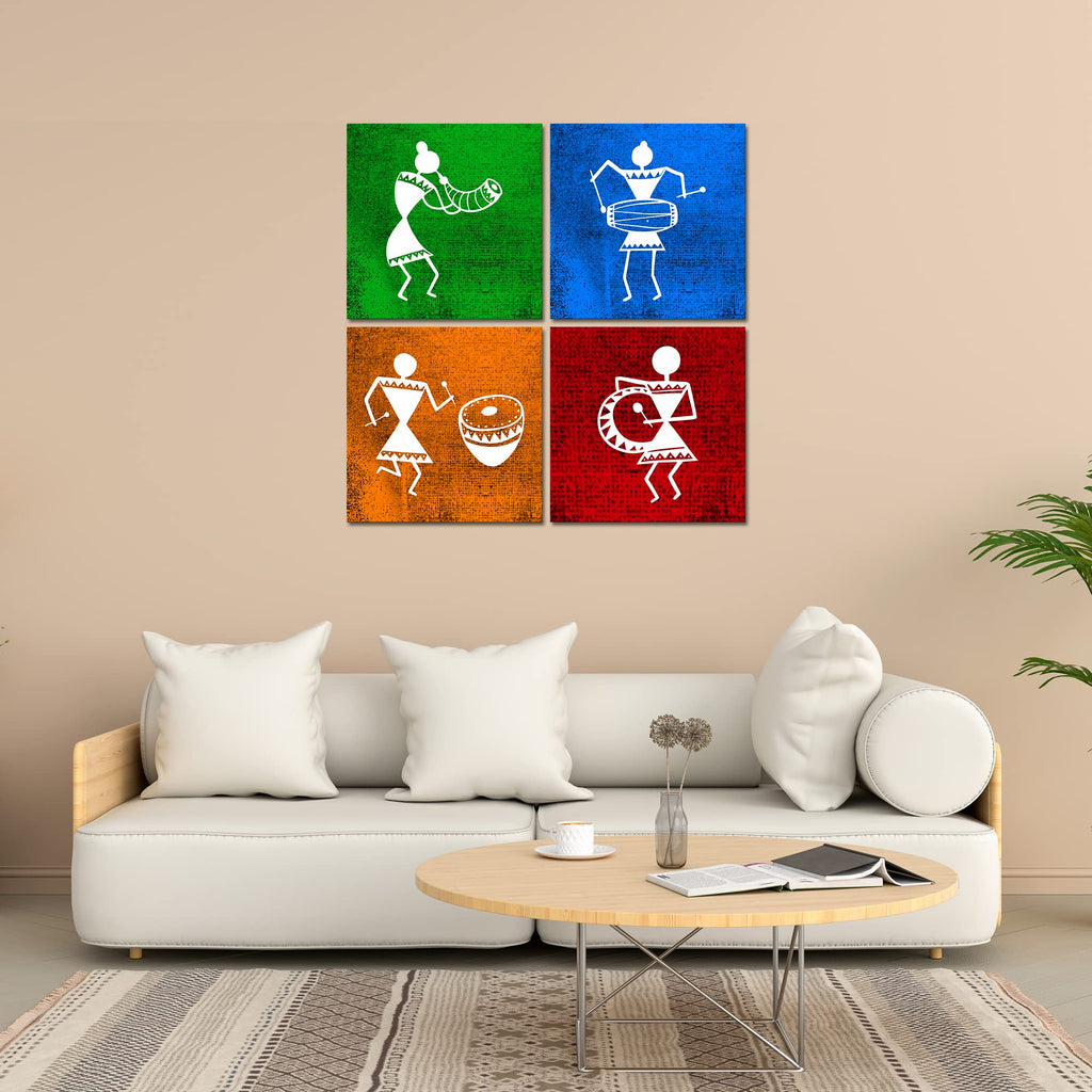 VIBECRAFTS Beautiful Warli Art 4 Pieces Canvas Wall Hanging Painting Fitted With Wooden Frame For Home | Office | Living Room | Gifts (PTVC4Pcs5_16606)
