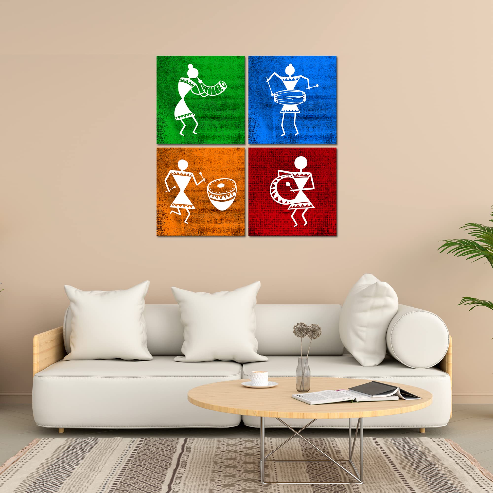 VIBECRAFTS Beautiful Warli Art 4 Pieces Canvas Wall Hanging Painting Fitted With Wooden Frame For Home | Office | Living Room | Gifts (PTVC4Pcs5_16606)
