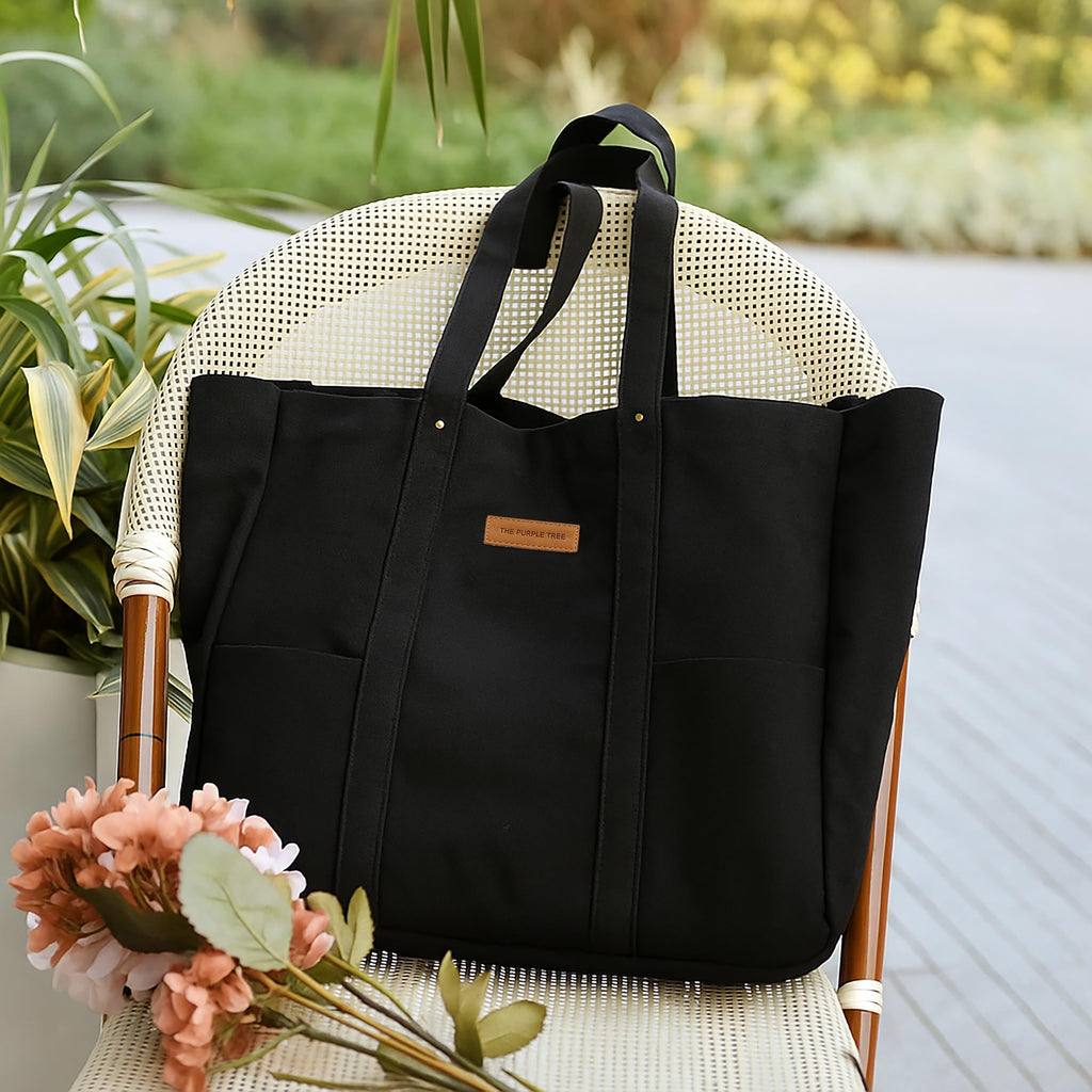 The Purple Tree Black Cotton Canvas Tote Bag for Women, Extra Large Tote Bag with Pockets, Zipper Closure, Eco friendly Cotton Travel Tote for Work, Gym, Picnic, Grocery, Shopping & Everyday Use