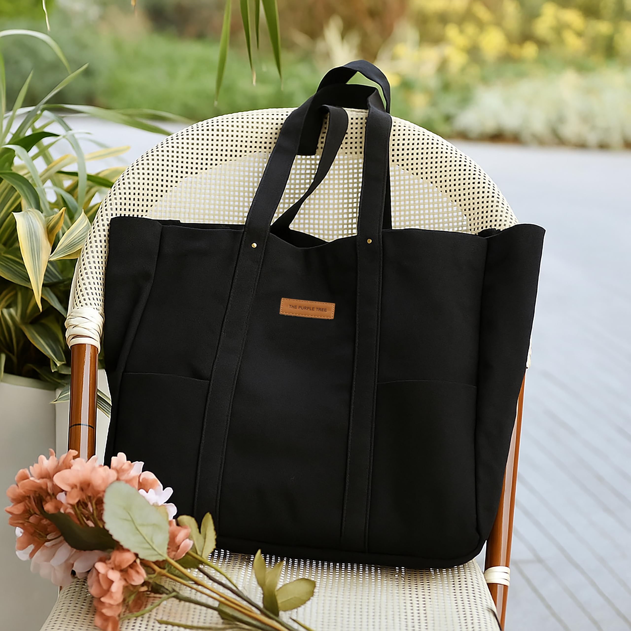 The Purple Tree Black Cotton Canvas Tote Bag for Women, Extra Large Tote Bag with Pockets, Zipper Closure, Eco friendly Cotton Travel Tote for Work, Gym, Picnic, Grocery, Shopping & Everyday Use