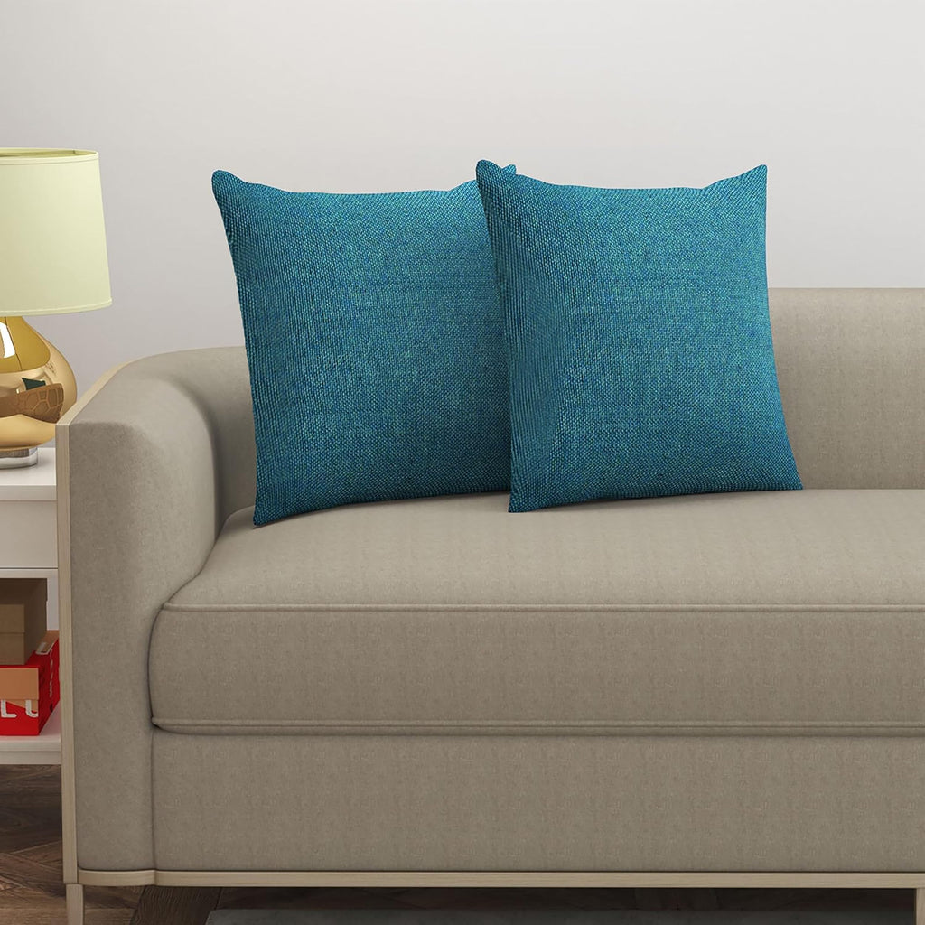 Yellow Weaves Jute Texture 250 TC Cushion Covers, 24 X 24 Inches, Blue, Set Of 2