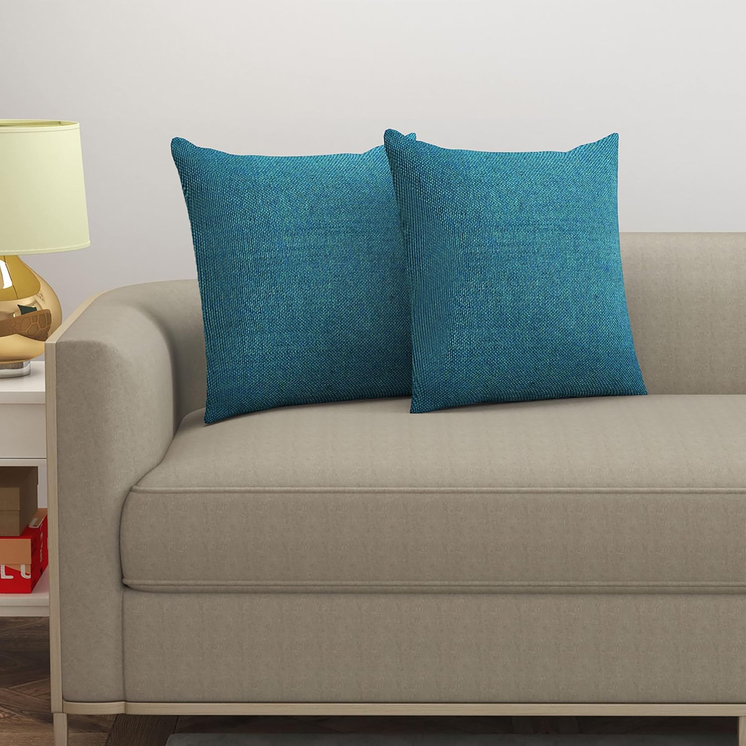 Yellow Weaves Jute Texture 250 TC Cushion Covers, 24 X 24 Inches, Blue, Set Of 2