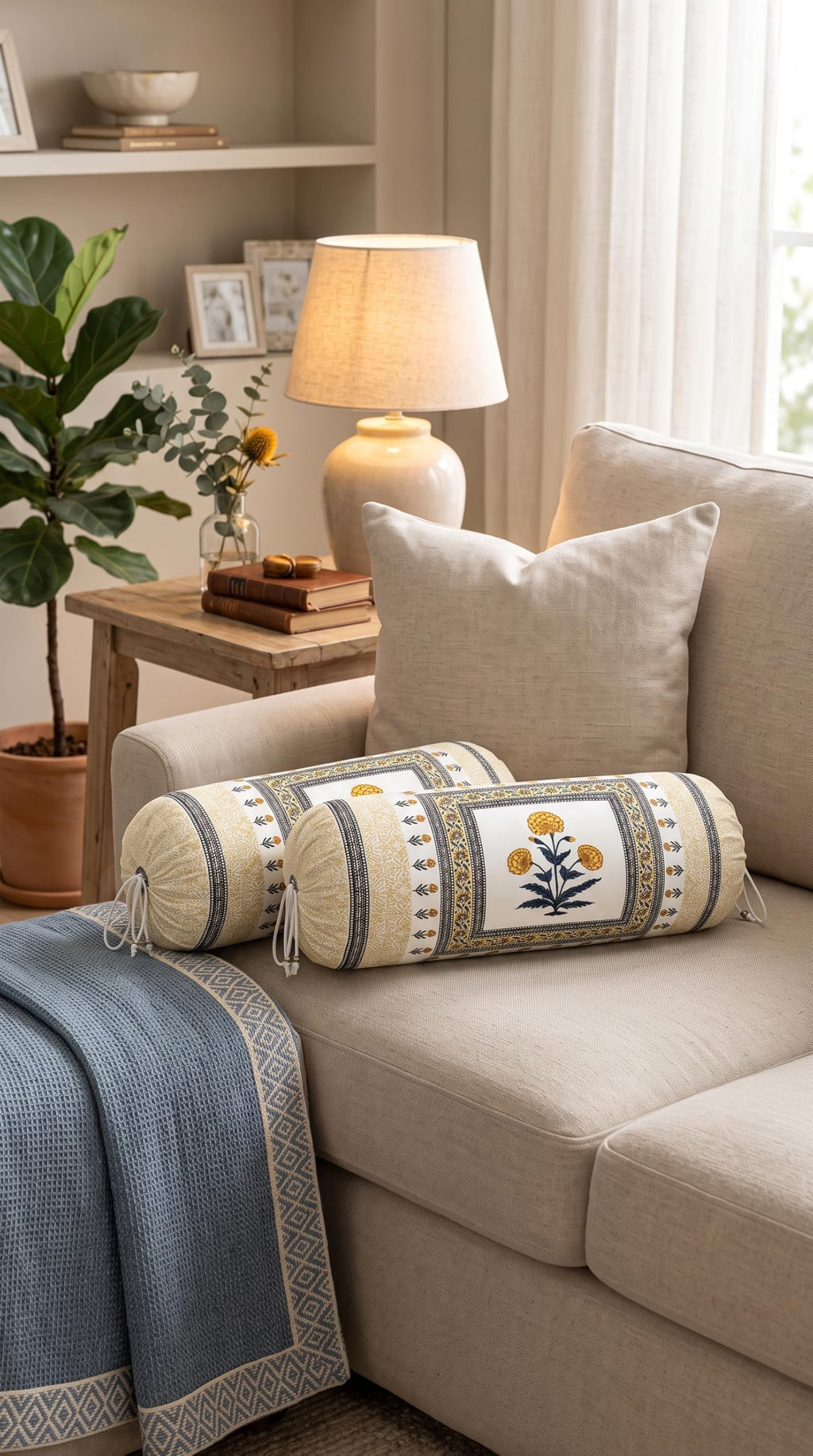 BLOCKS OF INDIA Cotton Hand Block Printed Bolster Cover | Booster Cover with Drawstring | Round Long Pillow Cover for Bed | Dewan Pillow Cover Set 16 X 32 | Set of 2 (Color 46)