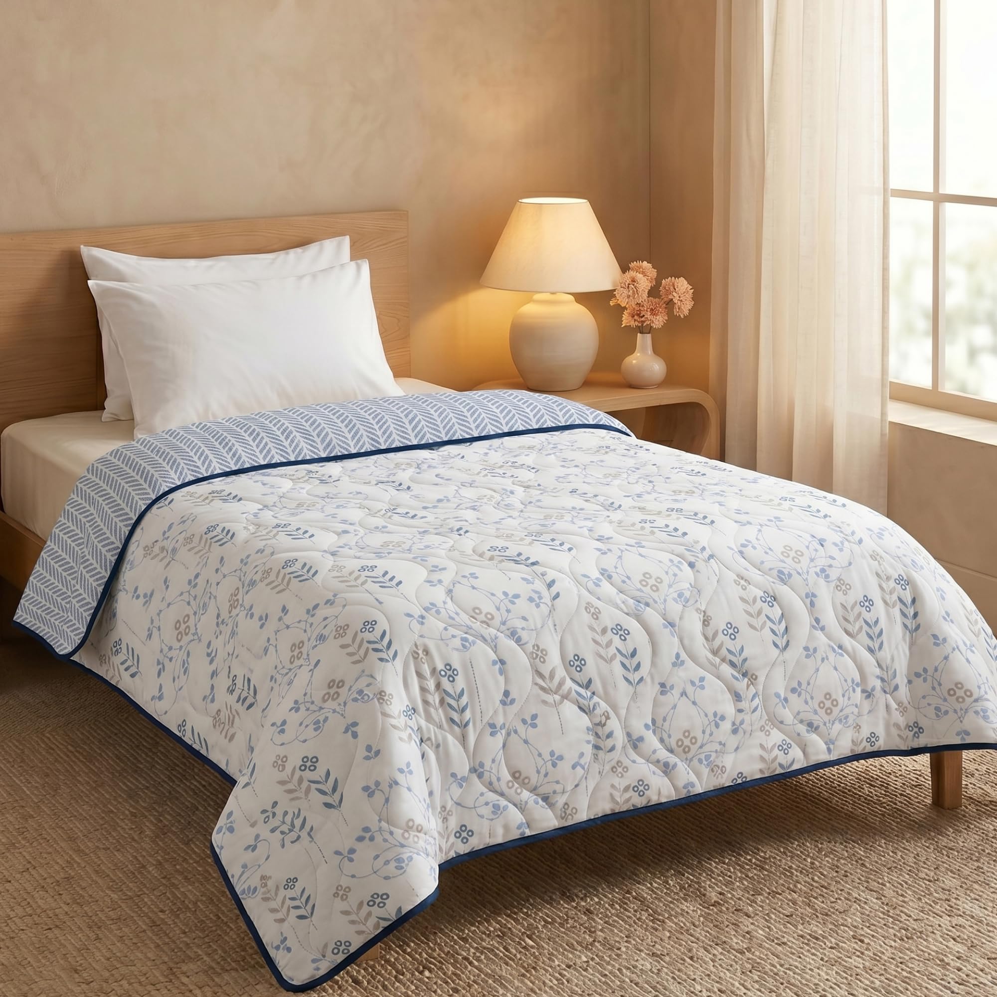 HUESLAND Reversible AC Quilt Blanket Single Bed | 100% Cotton Quilted Shell, Super Soft 120 GSM Microfibre Wadding | Lightweight Comforter for All Weather Use | Petal - 55 x 88 inches Kafalo