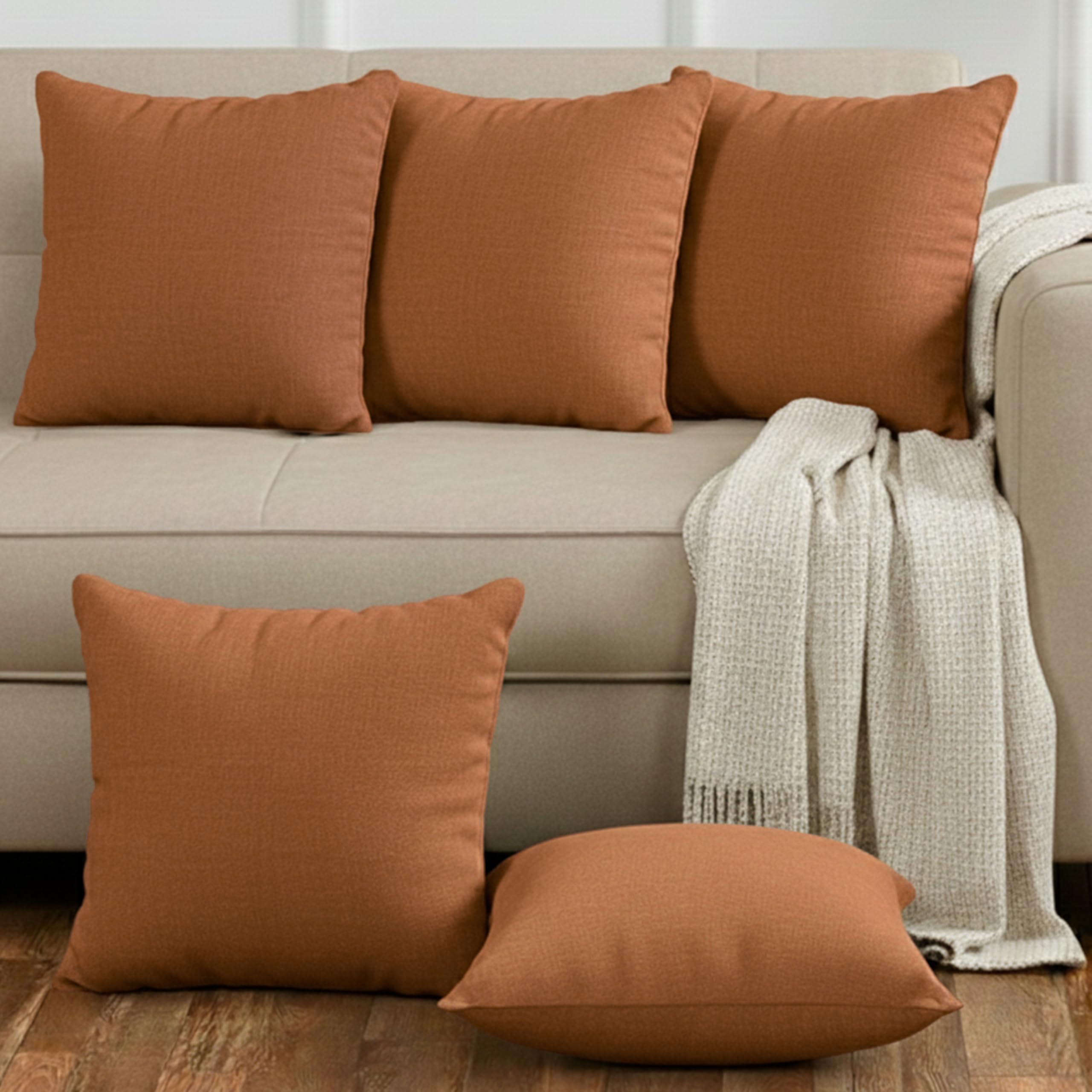 Yellow Weaves Cotton Canvas Decorative Cushion Covers, (16 X 16 Inches), Set of 5, (Rust Brown)