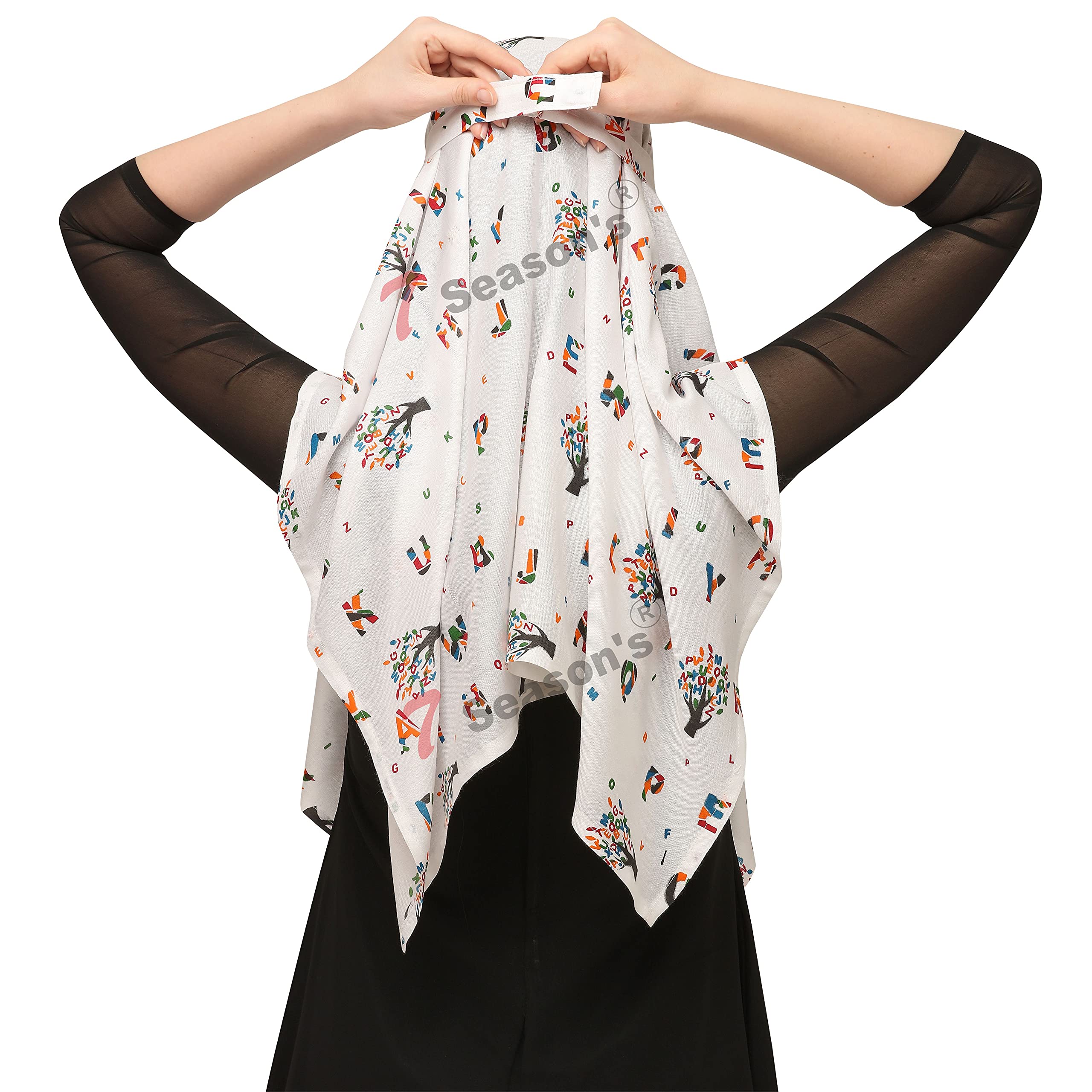7 season's Girls Cotton Long Scarf Cum Mask With Tie Closer Usable For Vehical Driver White Printed Design Universal Size For Girl & Woman (S_Abcd), Female