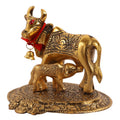 Prince Home Decor & Gifts Metal Kamdhenu Cow with Calf Statue , Standard , Flower Gold