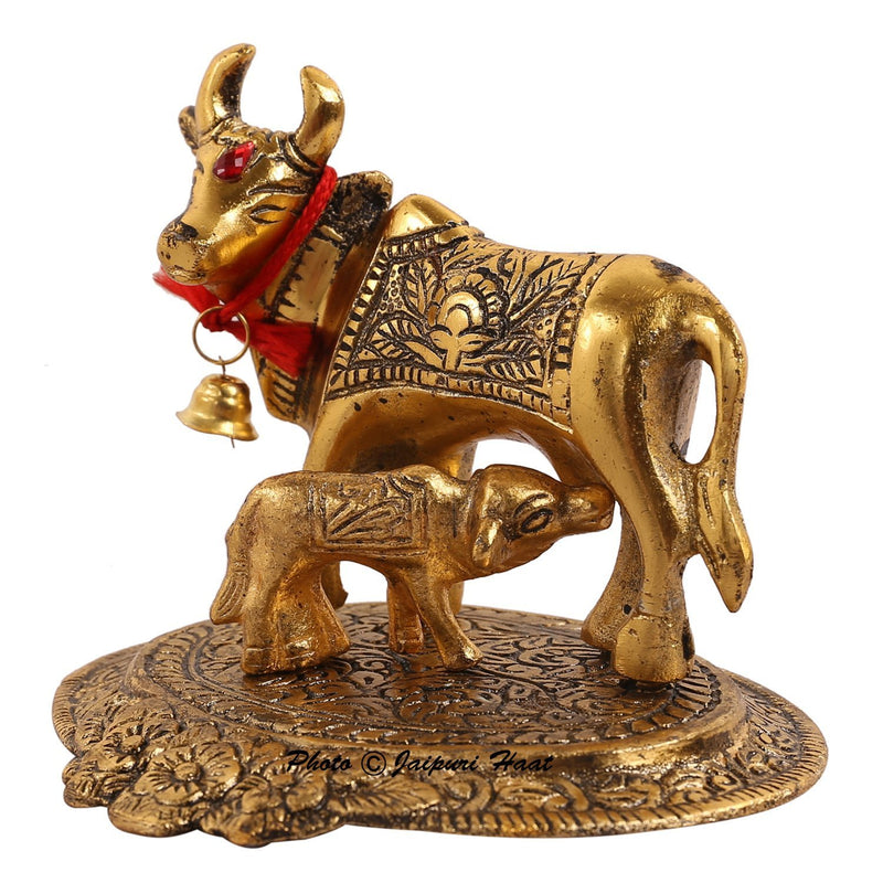 Prince Home Decor & Gifts Metal Kamdhenu Cow with Calf Statue , Standard , Flower Gold