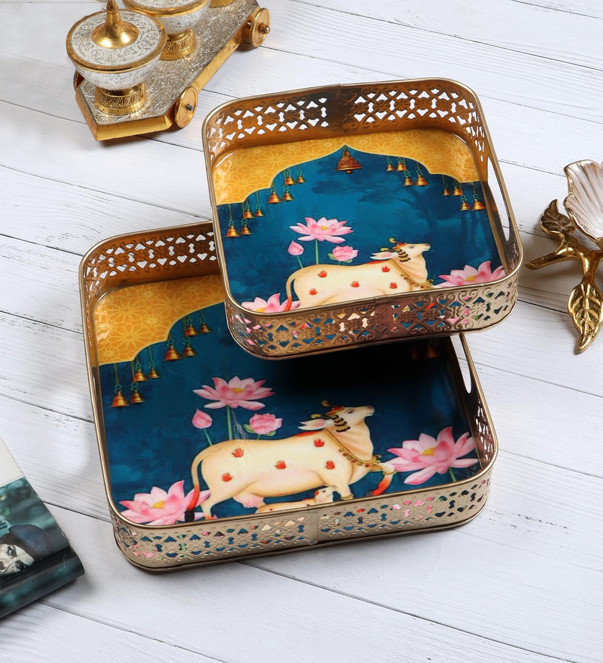 Two Moustaches Metal Square Shaped Cow with Calf Design Serving Tray Set (8 Inches & 10 Inches),Serving Plates for Home,Platters for Tea/Fruits/Snacks,Decorative Pichwai Tray,Multicolored,Pack of 2